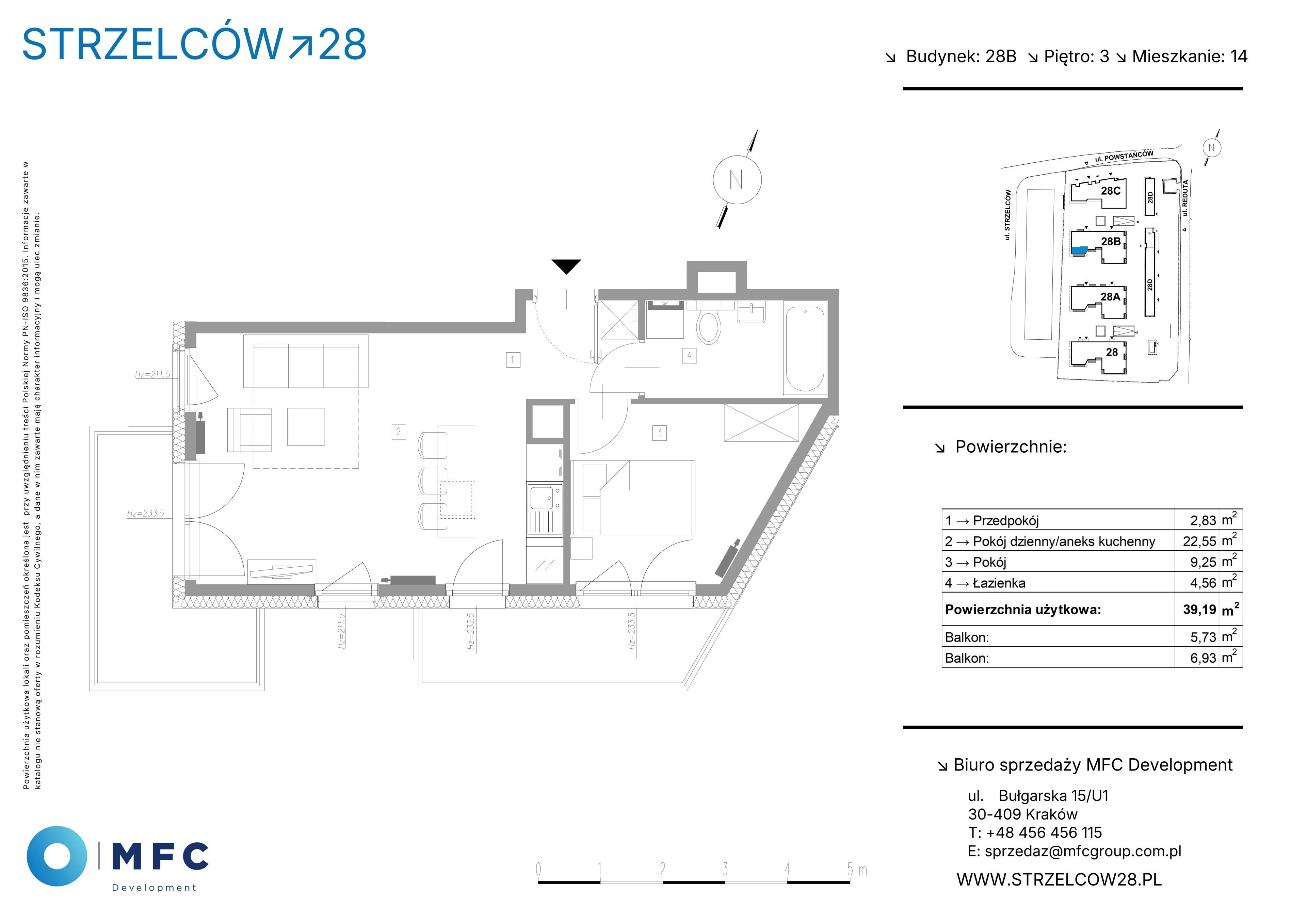 2 pokoje, mieszkanie 39,19 m², piętro 3, oferta nr 14B, Strzelców 28, Kraków, Prądnik Czerwony, ul. Strzelców 28