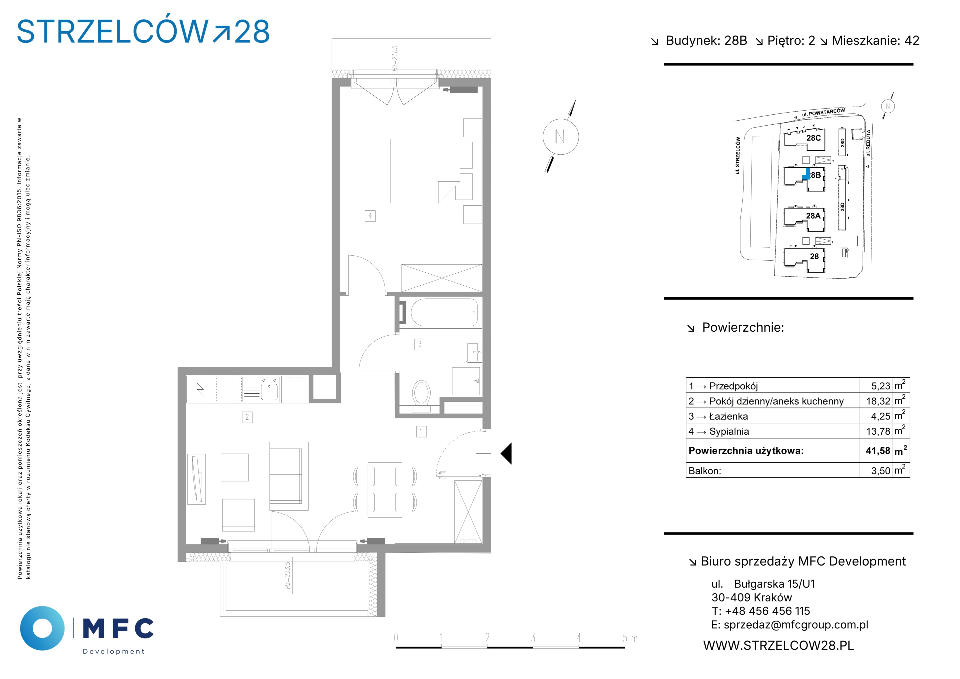 2 pokoje, mieszkanie 41,58 m², piętro 2, oferta nr 42B, Strzelców 28, Kraków, Prądnik Czerwony, ul. Strzelców 28