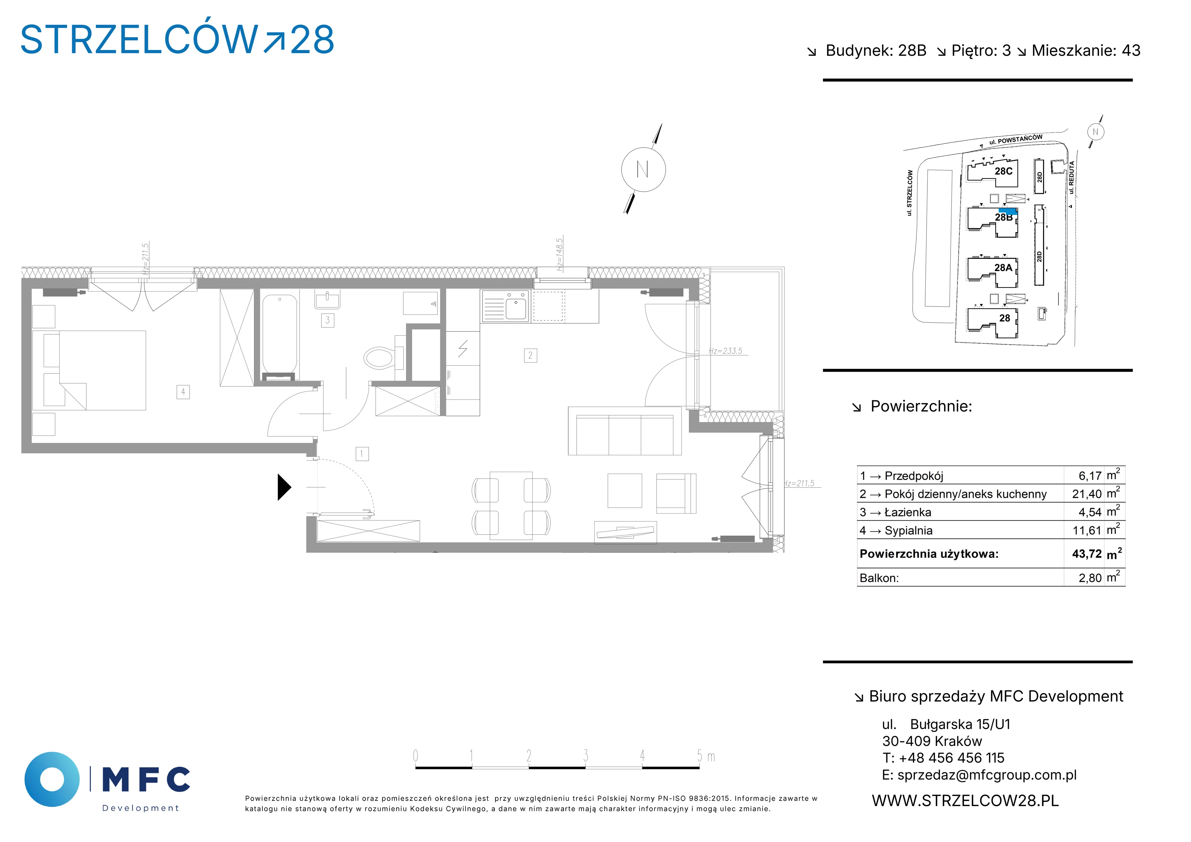 2 pokoje, mieszkanie 43,72 m², piętro 3, oferta nr 43B, Strzelców 28, Kraków, Prądnik Czerwony, ul. Strzelców 28