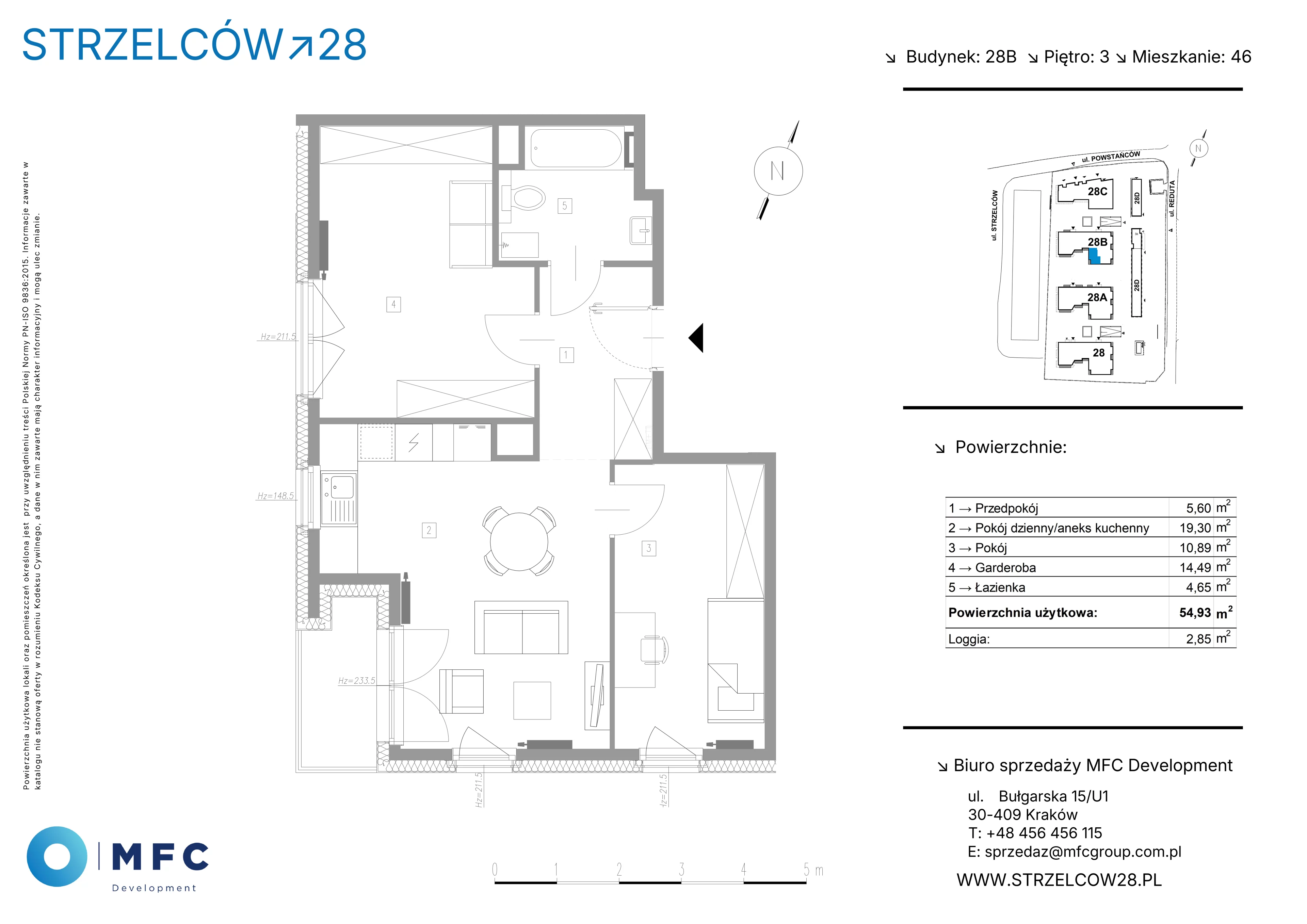 2 pokoje, mieszkanie 54,93 m², piętro 3, oferta nr 46B, Strzelców 28, Kraków, Prądnik Czerwony, ul. Strzelców 28