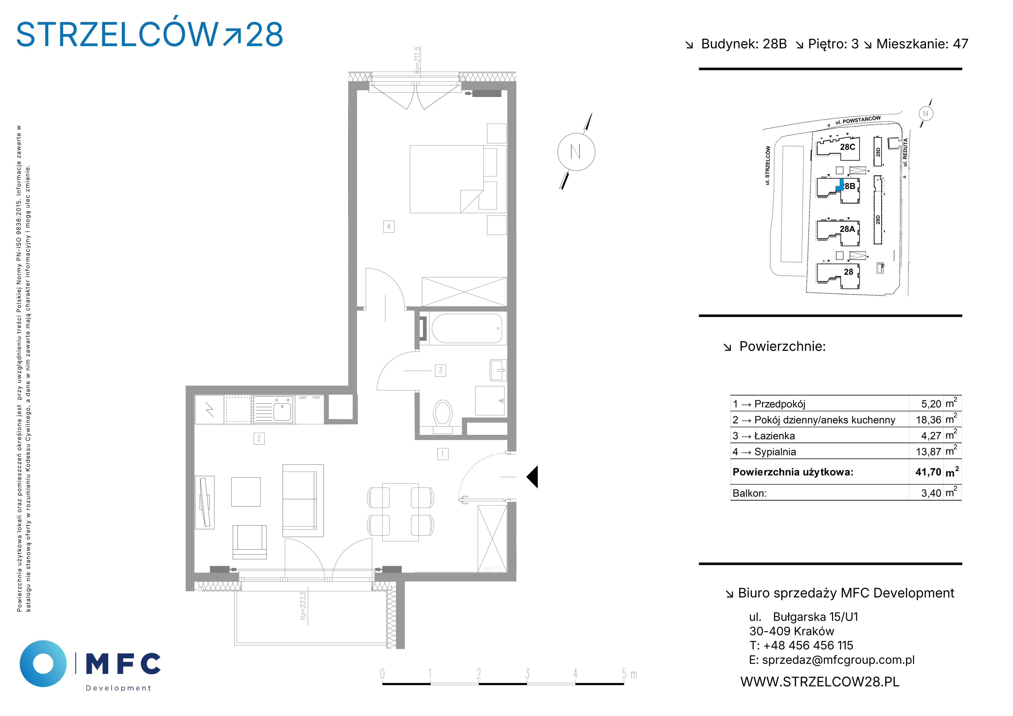 2 pokoje, mieszkanie 41,70 m², piętro 3, oferta nr 47B, Strzelców 28, Kraków, Prądnik Czerwony, ul. Strzelców 28