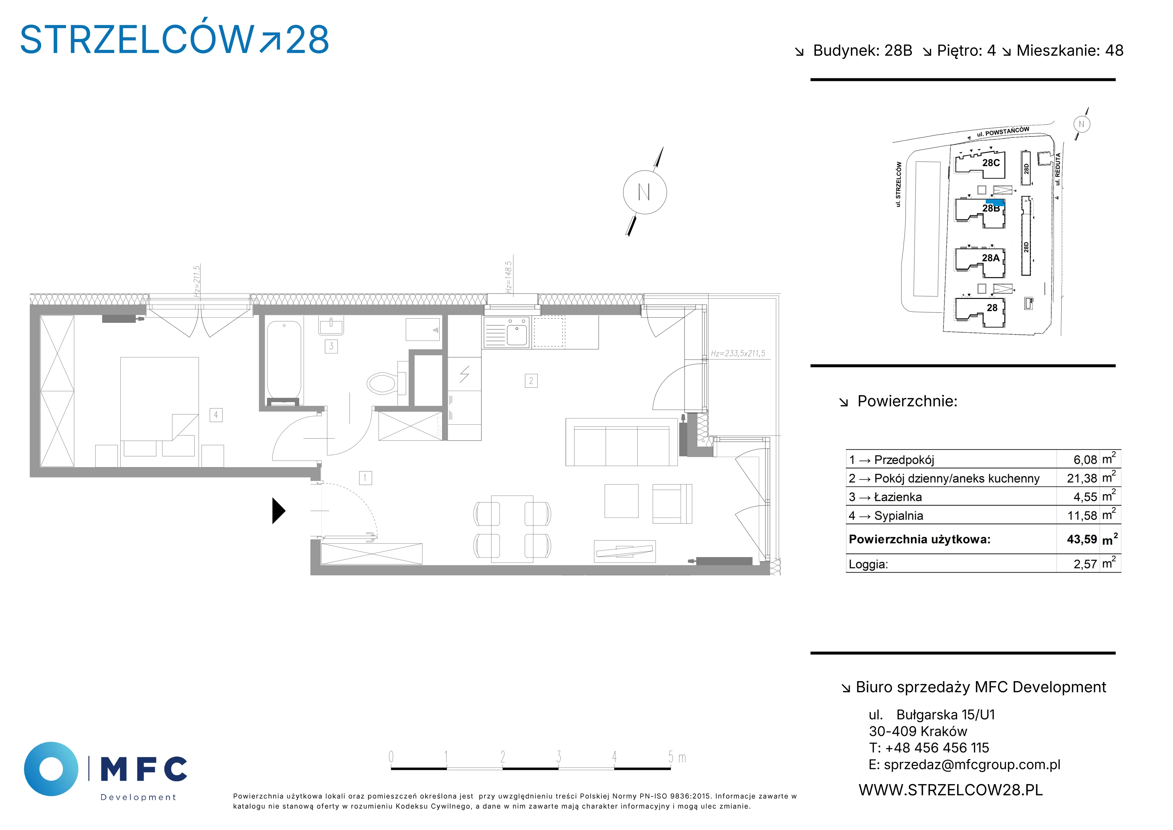 2 pokoje, mieszkanie 43,59 m², piętro 4, oferta nr 48B, Strzelców 28, Kraków, Prądnik Czerwony, ul. Strzelców 28