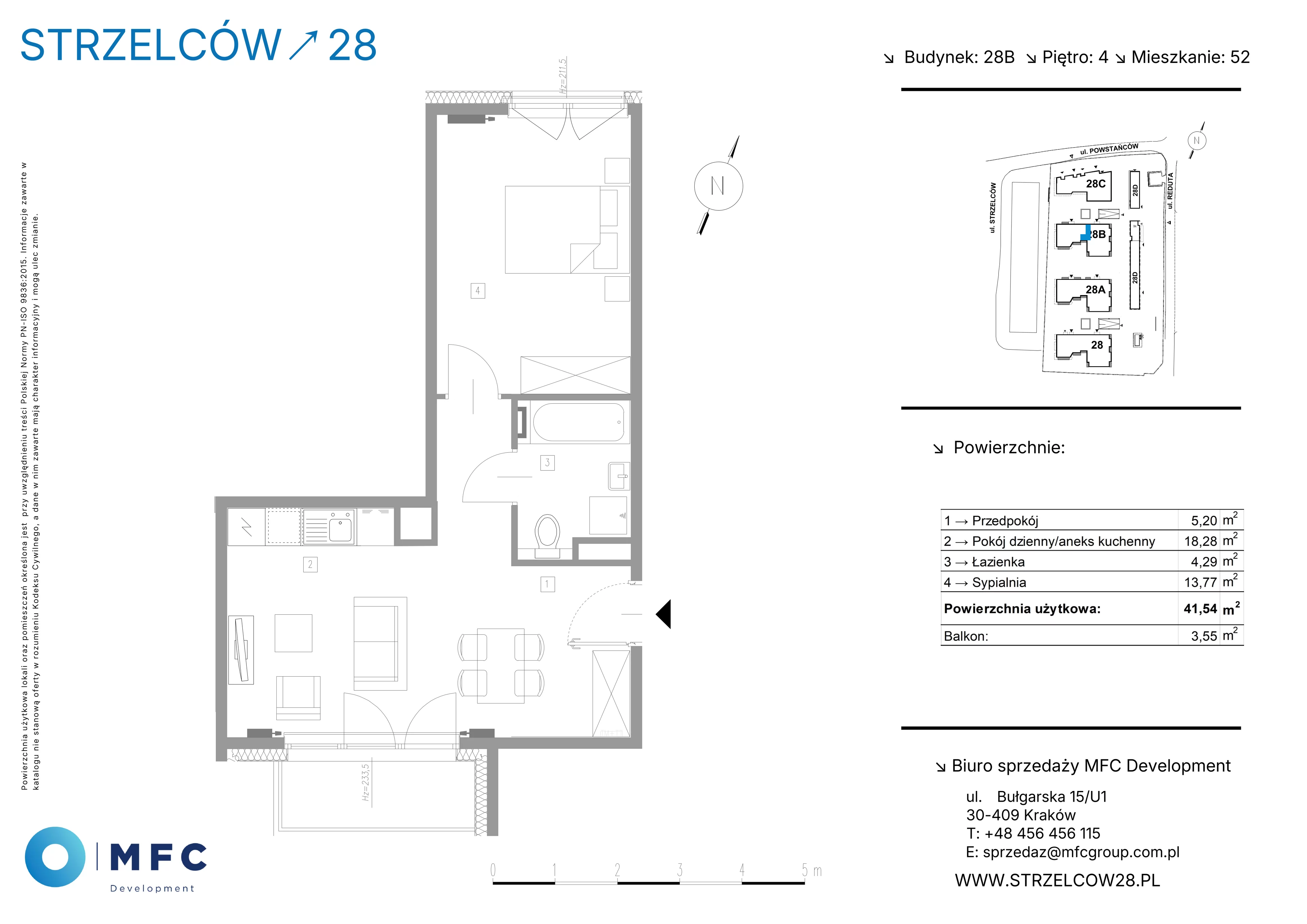 2 pokoje, mieszkanie 41,54 m², piętro 4, oferta nr 52B, Strzelców 28, Kraków, Prądnik Czerwony, ul. Strzelców 28