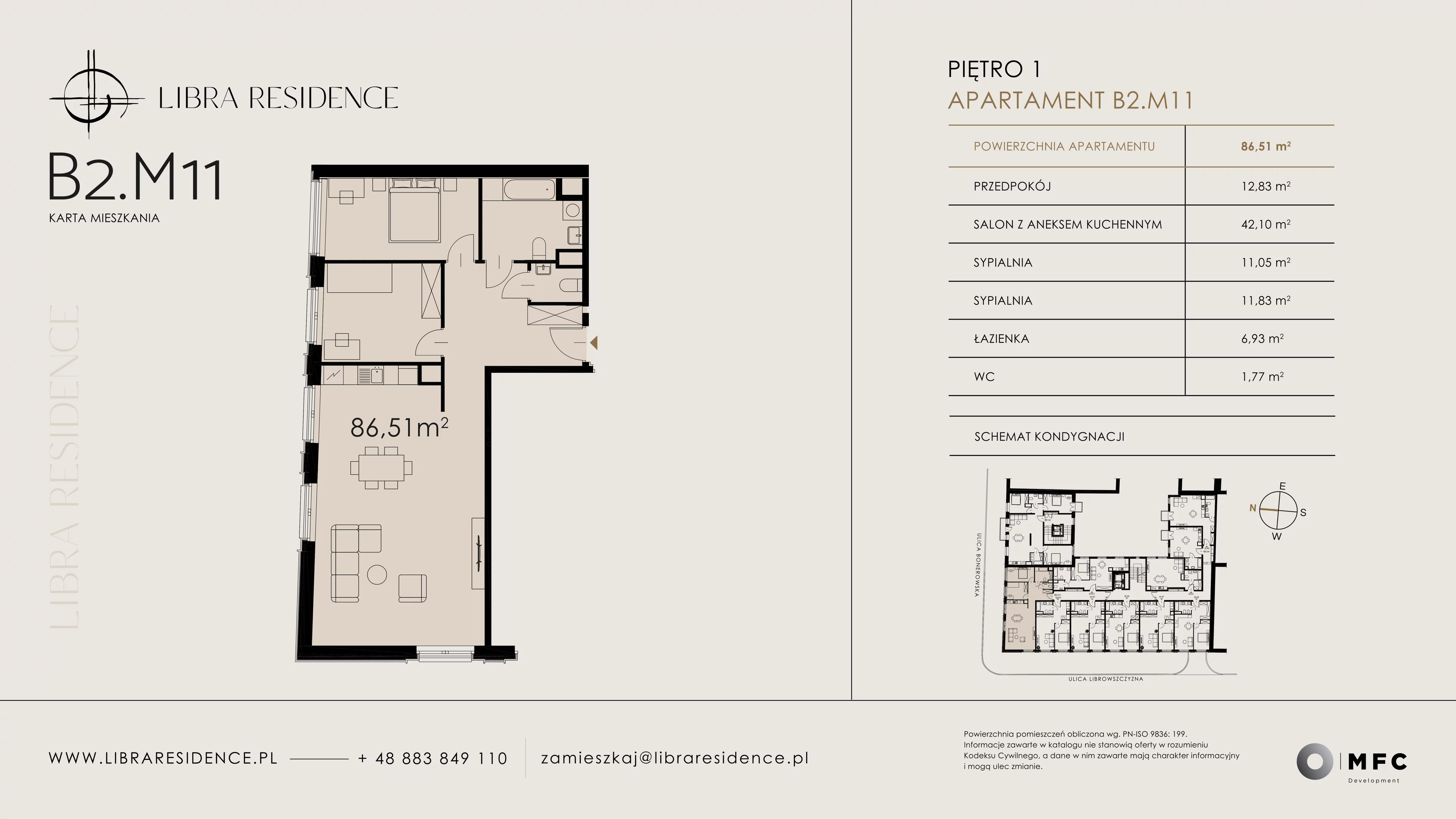 3 pokoje, apartament 86,51 m², piętro 1, oferta nr B2.M11, Libra Residence, Kraków, Stare Miasto, ul. Librowszczyzna 3 / Bonerowska 1