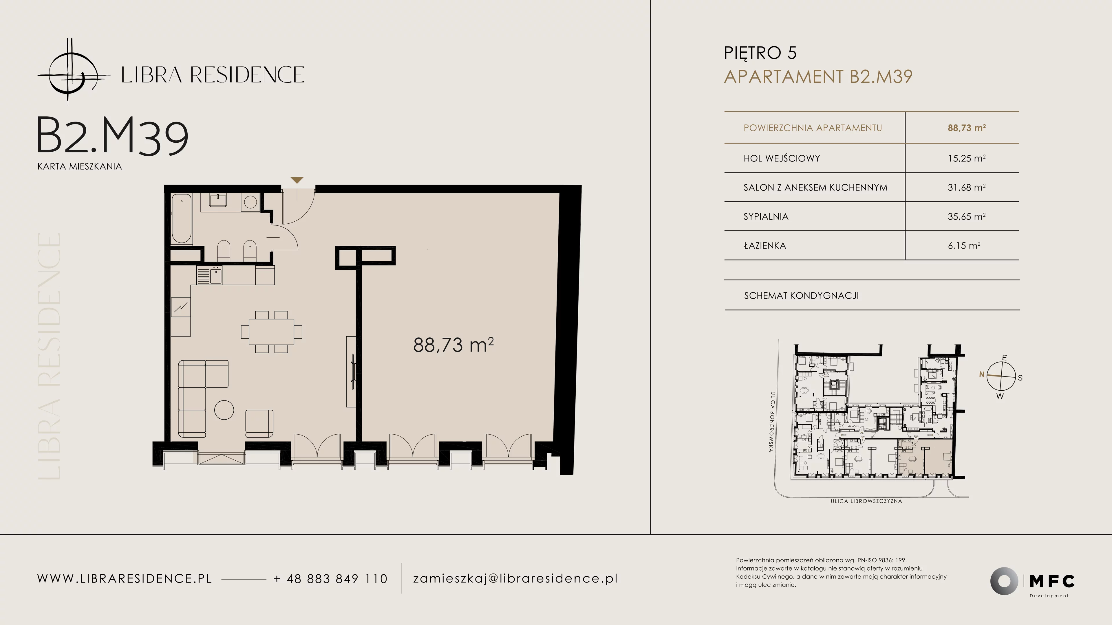 3 pokoje, apartament 88,73 m², piętro 5, oferta nr B2.M39, Libra Residence, Kraków, Stare Miasto, ul. Librowszczyzna 3 / Bonerowska 1