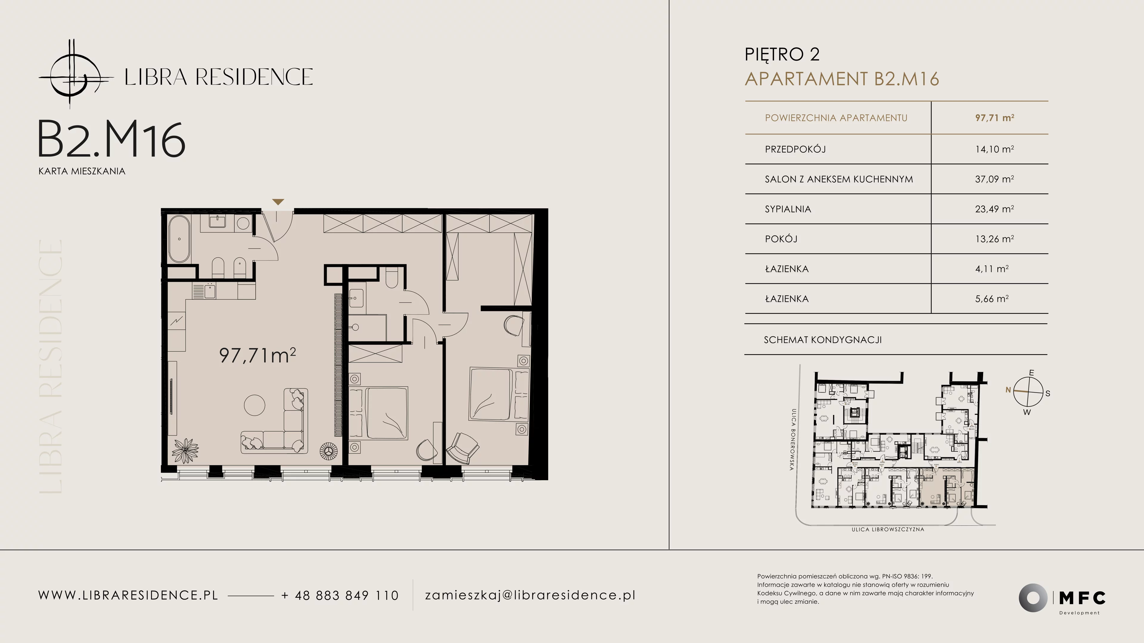 3 pokoje, apartament 97,71 m², piętro 2, oferta nr B2.M16, Libra Residence, Kraków, Stare Miasto, ul. Librowszczyzna 3 / Bonerowska 1