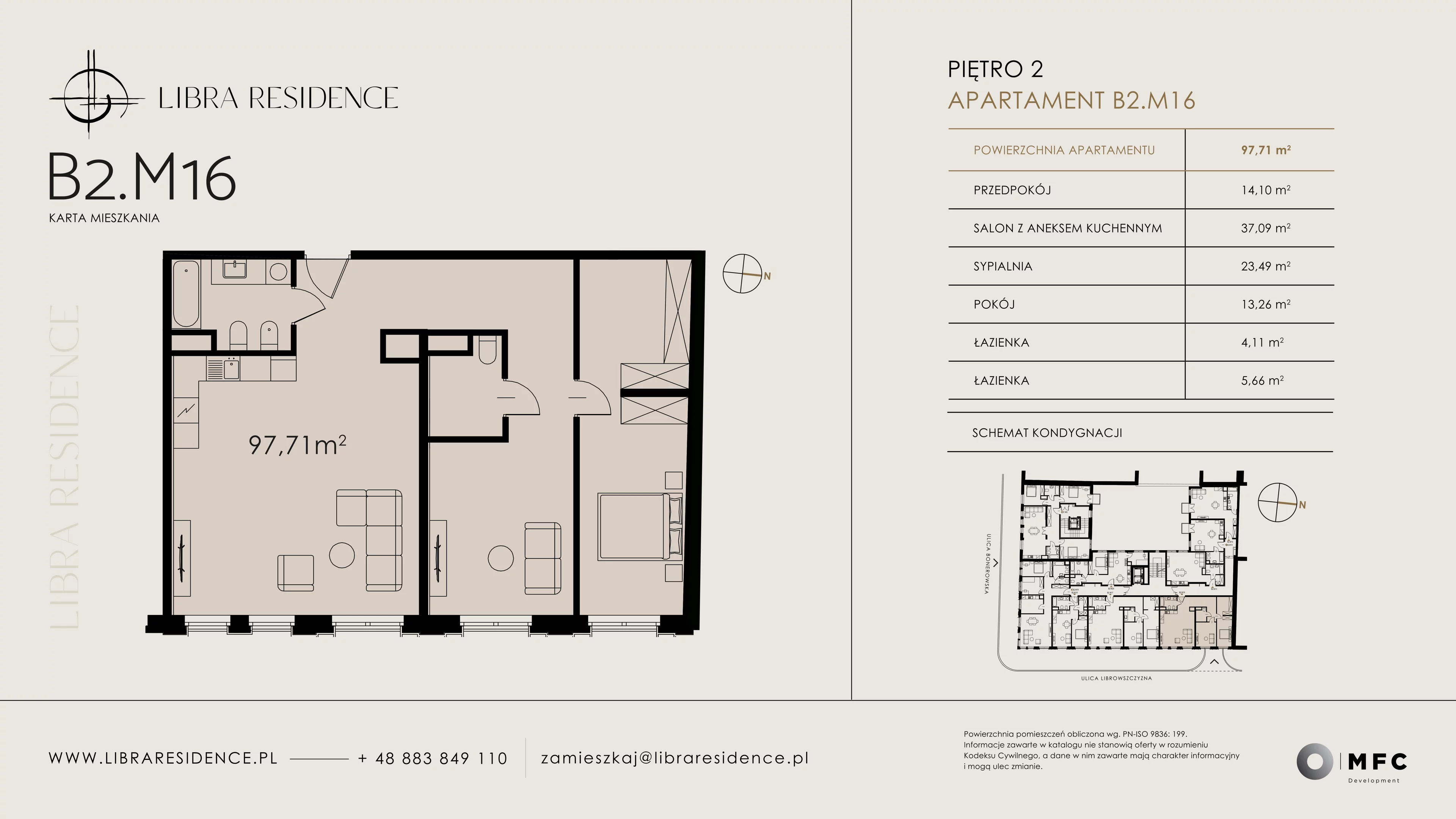 3 pokoje, apartament 97,71 m², piętro 2, oferta nr B2.M16, Libra Residence, Kraków, Stare Miasto, ul. Librowszczyzna 3 / Bonerowska 1