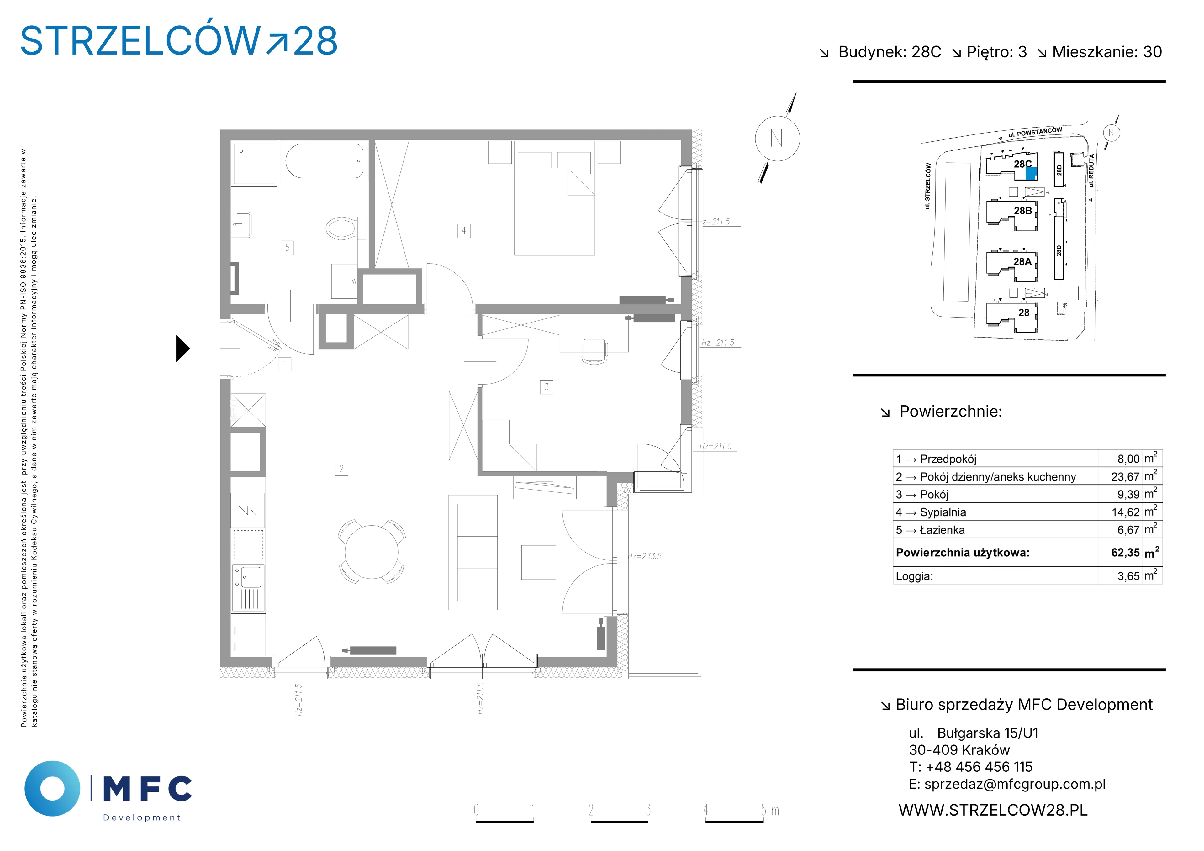 3 pokoje, mieszkanie 62,35 m², piętro 3, oferta nr 30C, Strzelców 28, Kraków, Prądnik Czerwony, ul. Strzelców 28