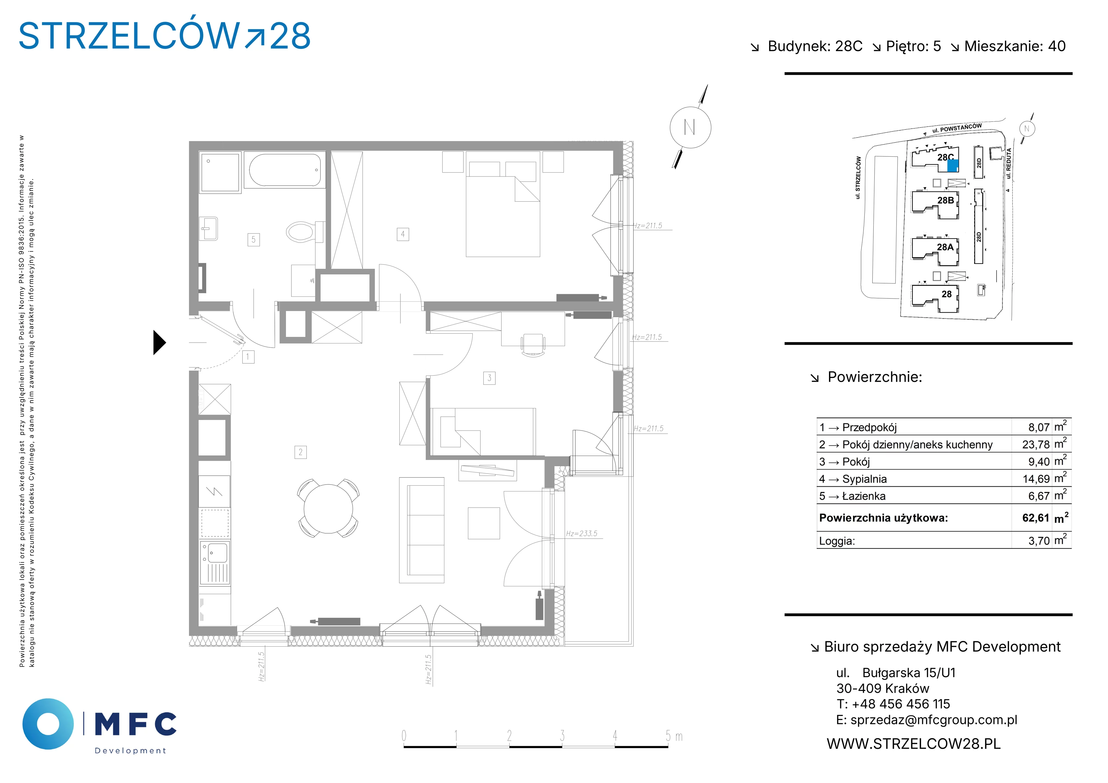 3 pokoje, mieszkanie 62,61 m², piętro 5, oferta nr 40C, Strzelców 28, Kraków, Prądnik Czerwony, ul. Strzelców 28