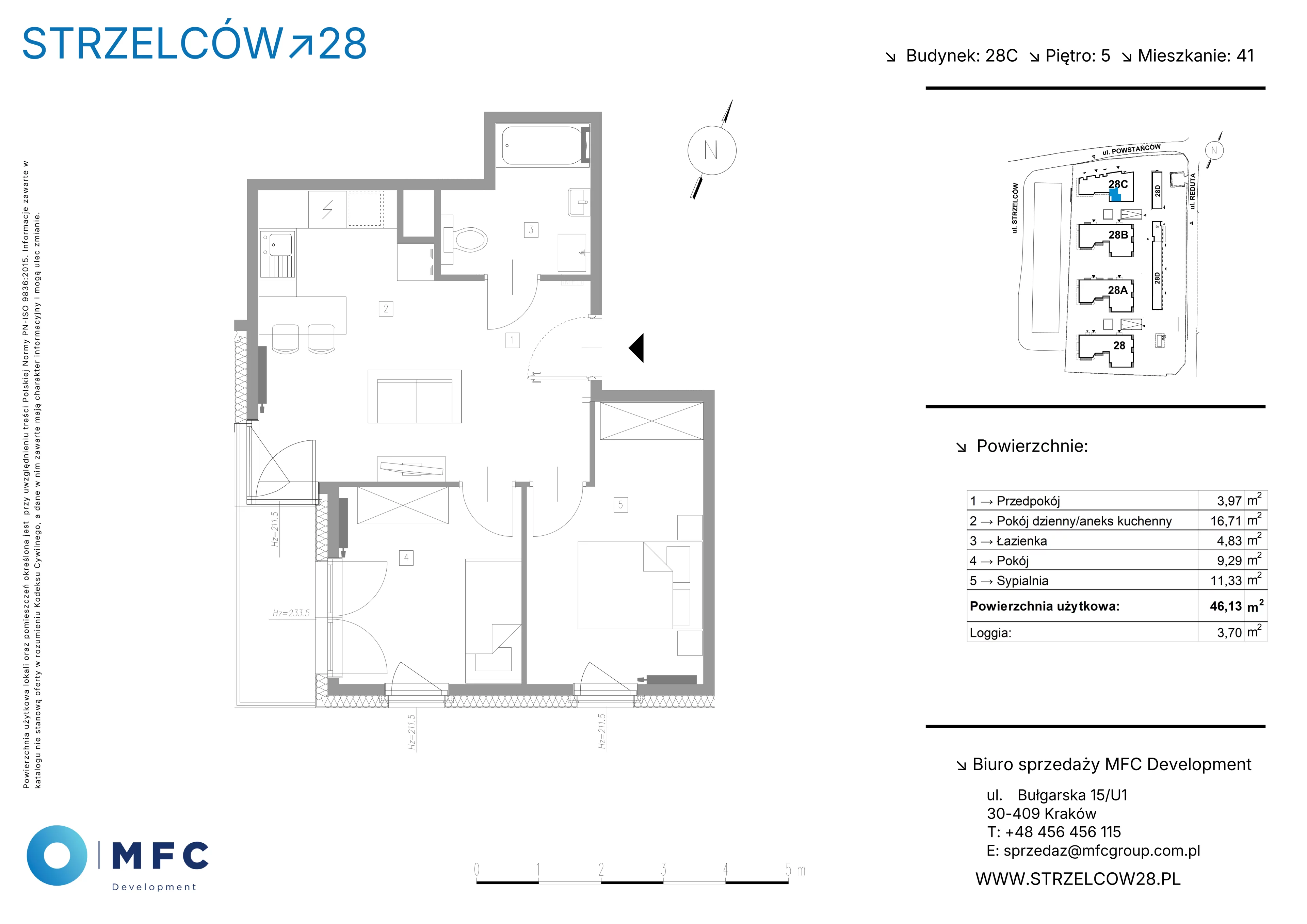 3 pokoje, mieszkanie 46,13 m², piętro 5, oferta nr 41C, Strzelców 28, Kraków, Prądnik Czerwony, ul. Strzelców 28