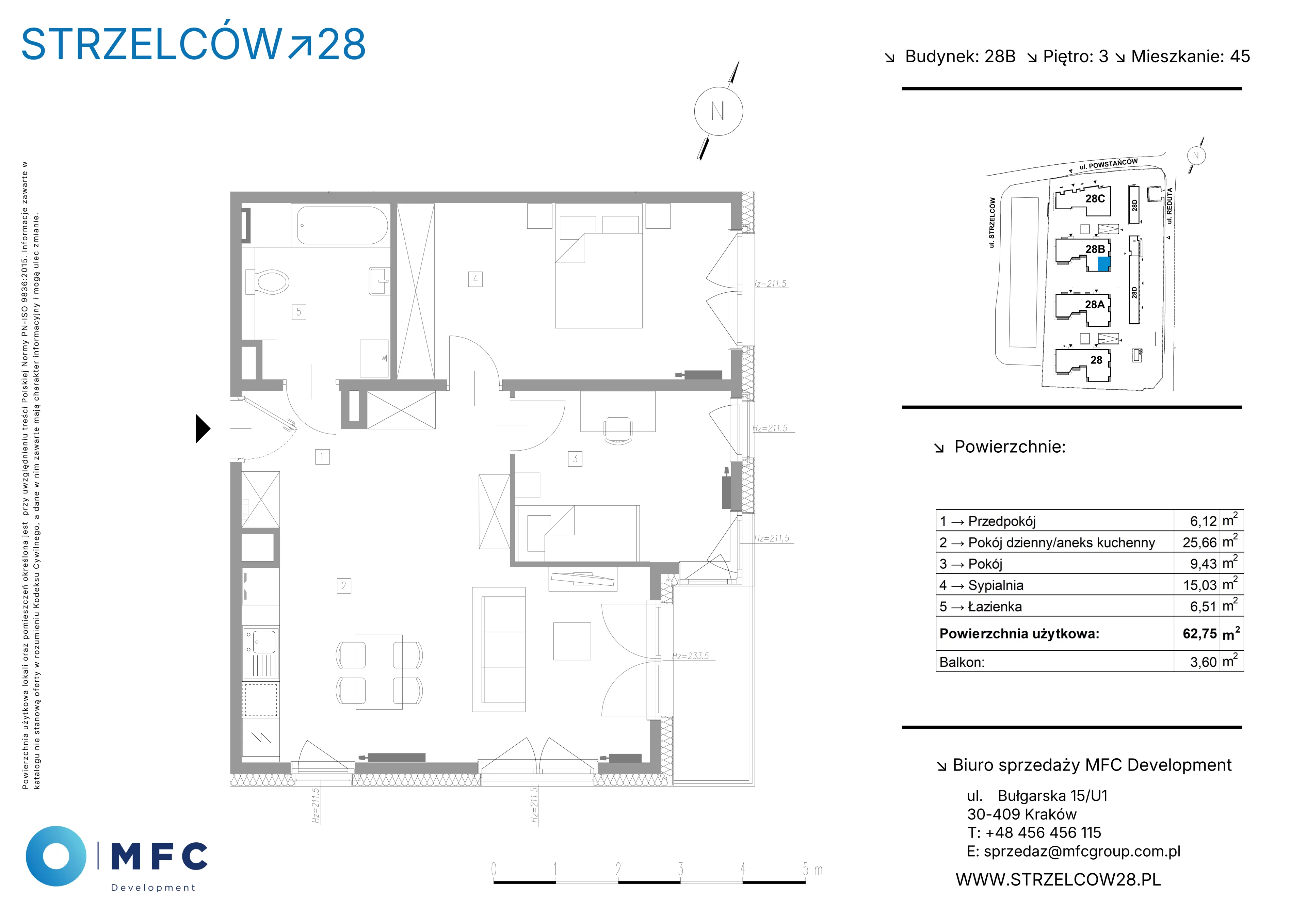3 pokoje, mieszkanie 62,75 m², piętro 3, oferta nr 45B, Strzelców 28, Kraków, Prądnik Czerwony, ul. Strzelców 28