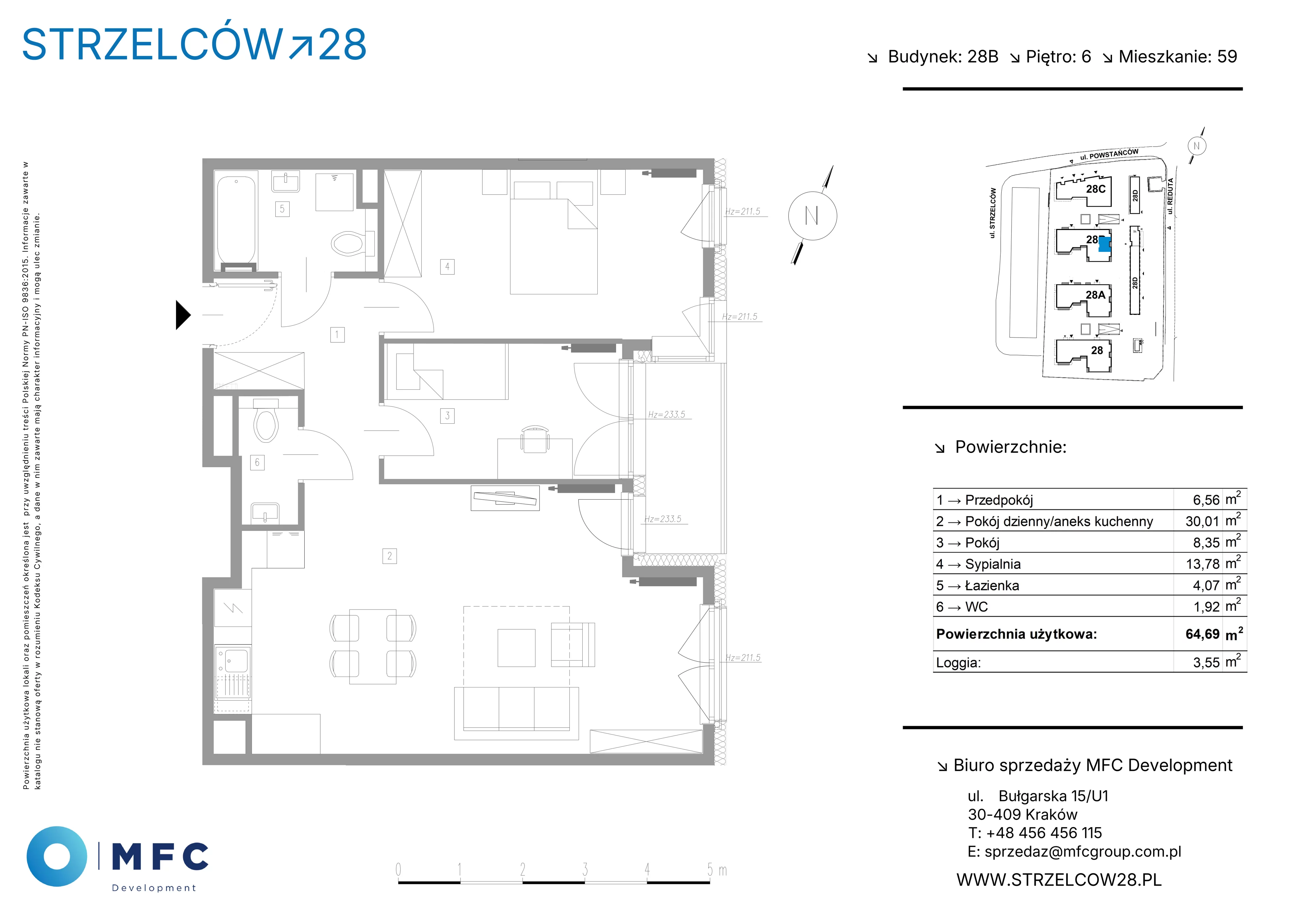 3 pokoje, mieszkanie 64,69 m², piętro 6, oferta nr 59B, Strzelców 28, Kraków, Prądnik Czerwony, ul. Strzelców 28