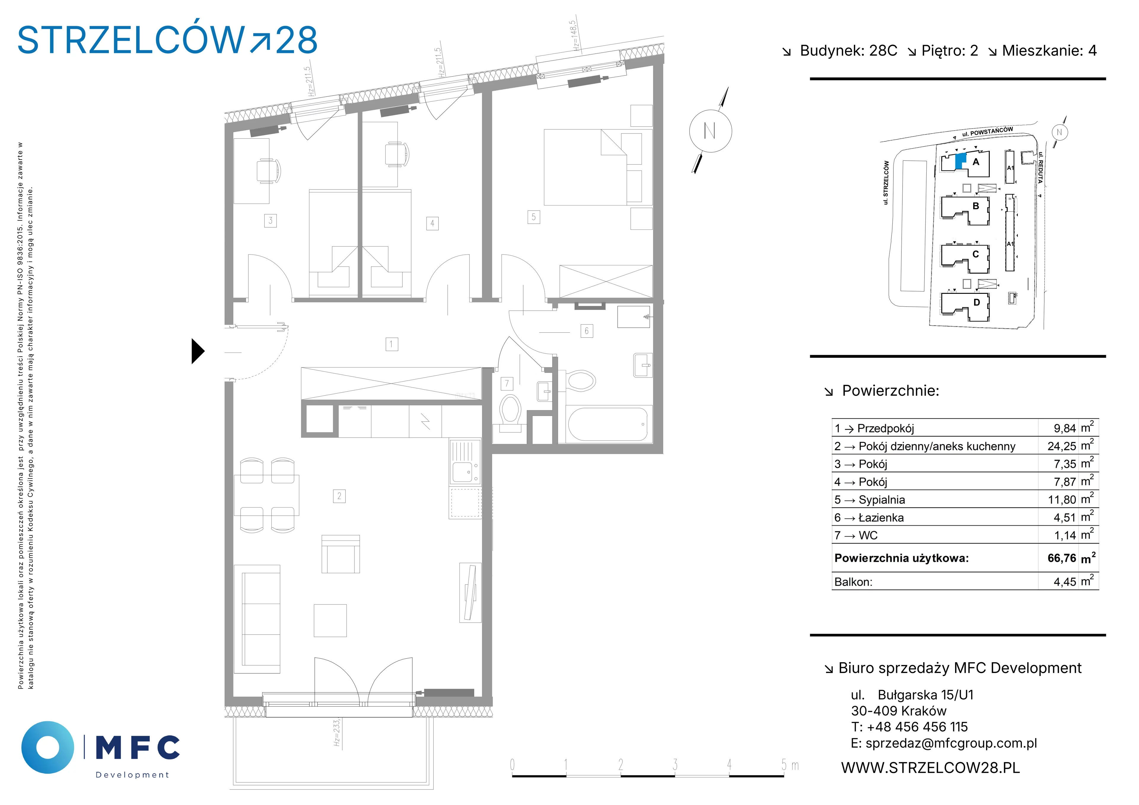 4 pokoje, mieszkanie 66,76 m², piętro 2, oferta nr 4C, Strzelców 28, Kraków, Prądnik Czerwony, ul. Strzelców 28