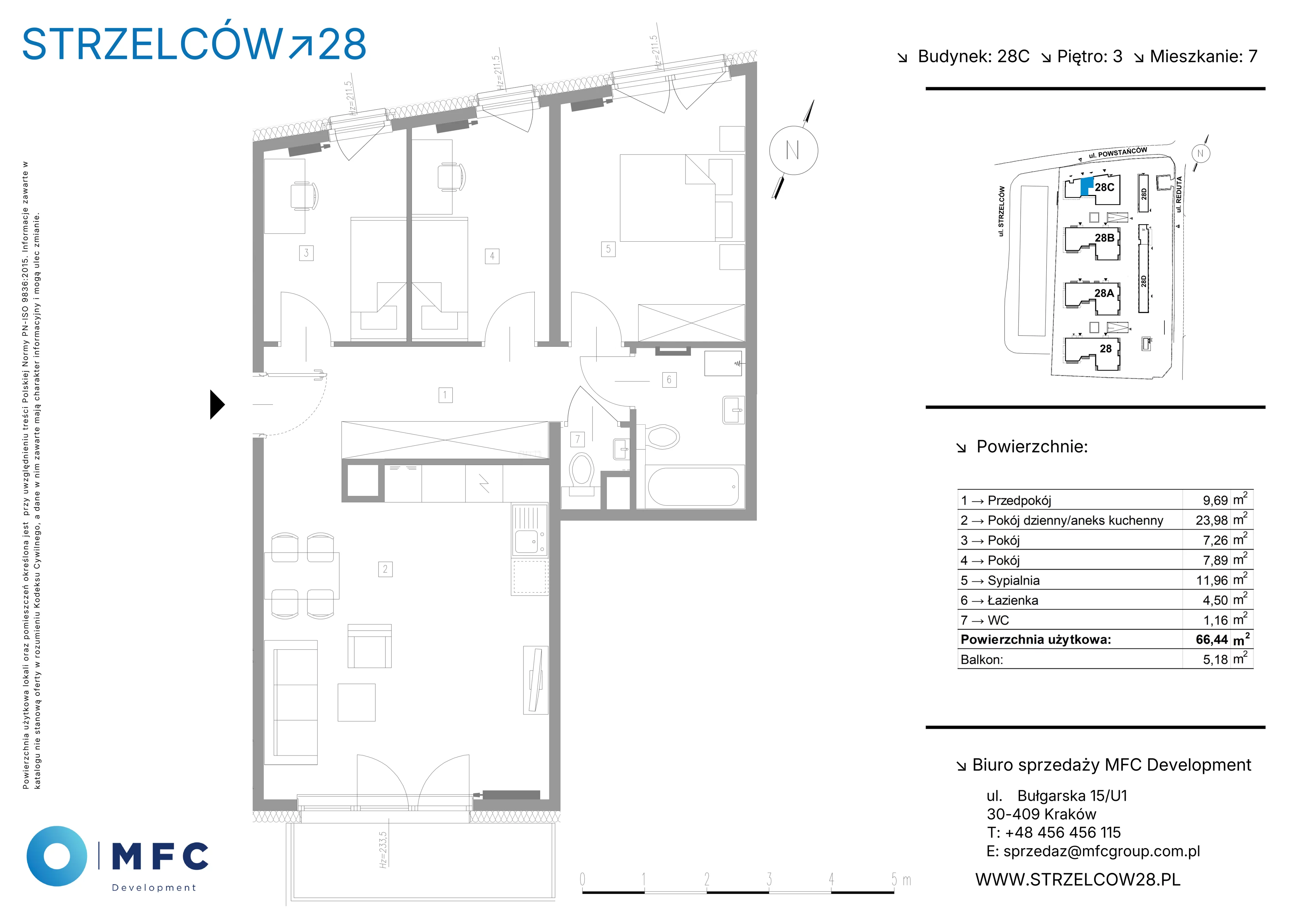 4 pokoje, mieszkanie 66,44 m², piętro 3, oferta nr 7C, Strzelców 28, Kraków, Prądnik Czerwony, ul. Strzelców 28
