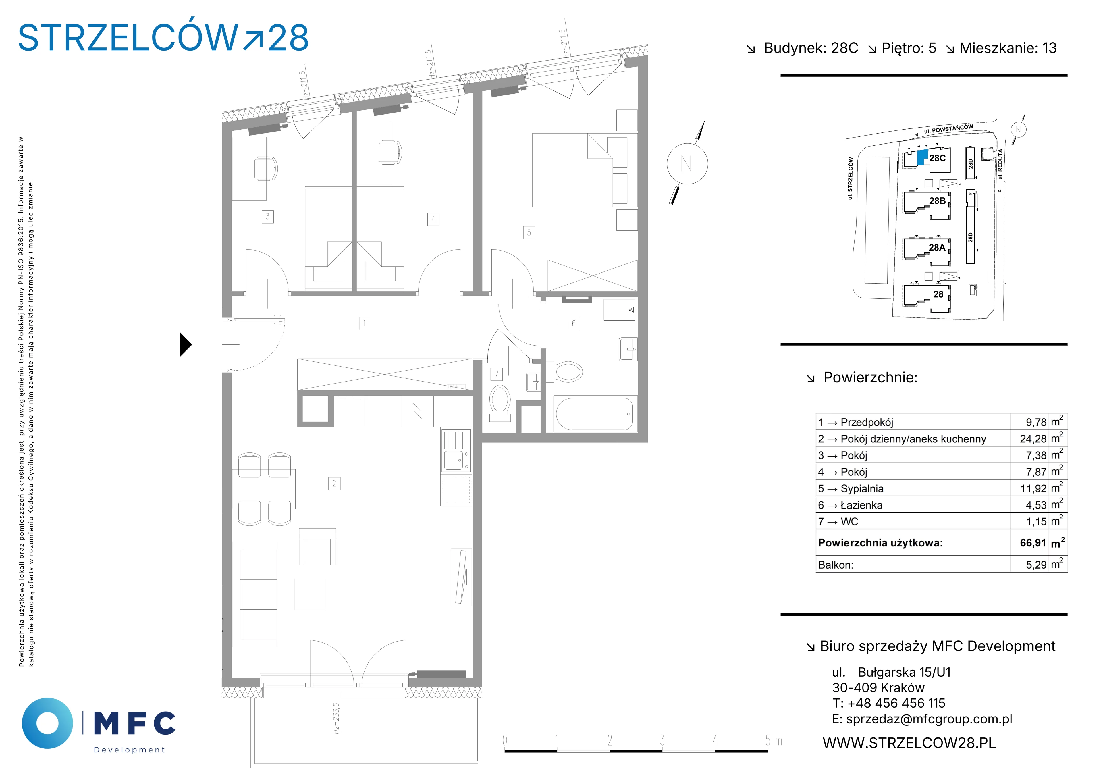 4 pokoje, mieszkanie 66,91 m², piętro 5, oferta nr 13C, Strzelców 28, Kraków, Prądnik Czerwony, ul. Strzelców 28