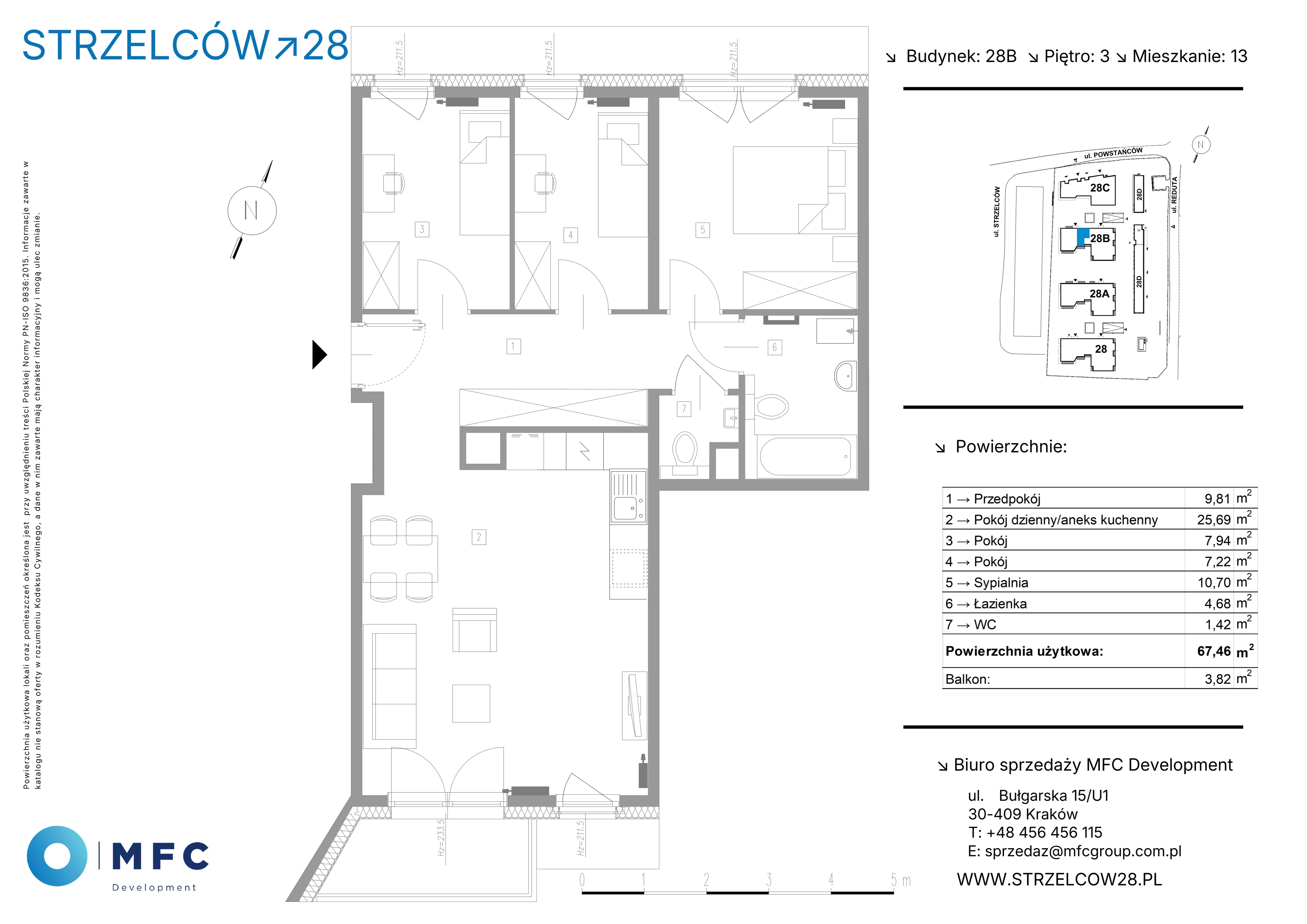 4 pokoje, mieszkanie 67,46 m², piętro 3, oferta nr 13B, Strzelców 28, Kraków, Prądnik Czerwony, ul. Strzelców 28