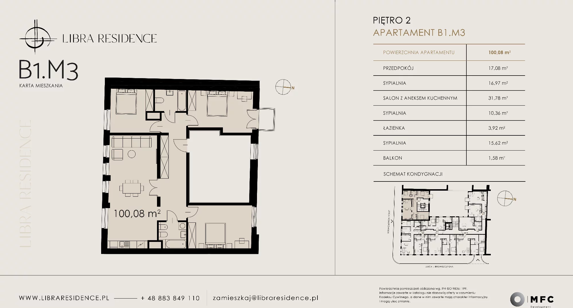 Apartament 100,08 m², piętro 2, oferta nr B1.M3, Libra Residence, Kraków, Stare Miasto, ul. Librowszczyzna 3 / Bonerowska 1