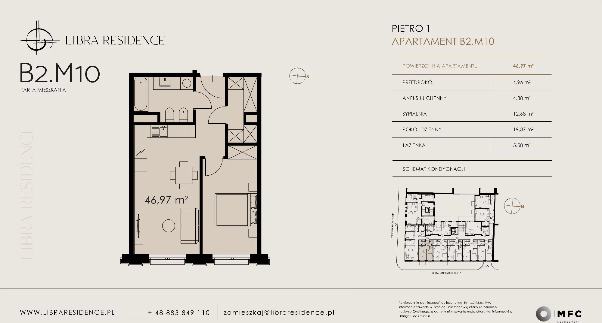 Apartament 46,97 m², piętro 1, oferta nr B2.M10, Libra Residence, Kraków, Stare Miasto, ul. Librowszczyzna 3 / Bonerowska 1