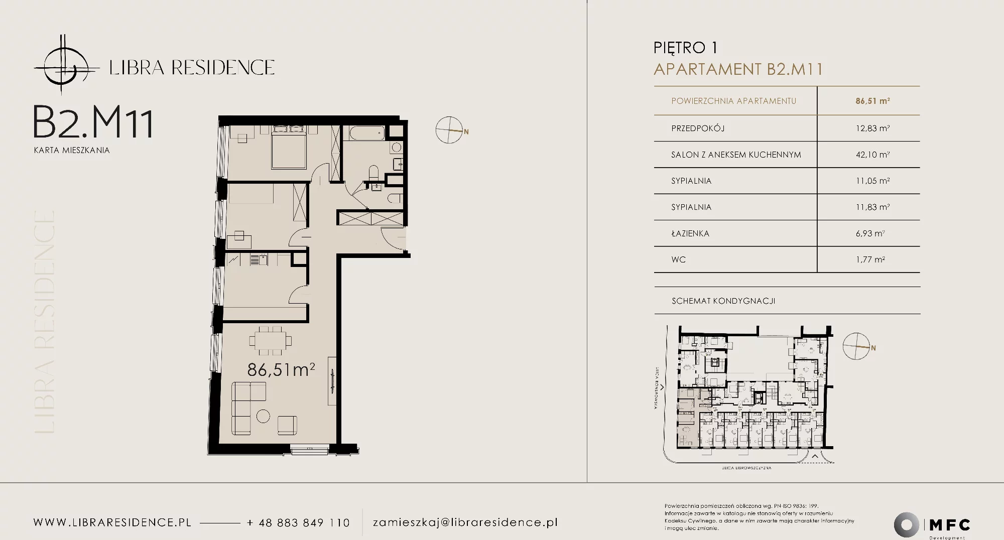 Apartament 86,51 m², piętro 1, oferta nr B2.M11, Libra Residence, Kraków, Stare Miasto, ul. Librowszczyzna 3 / Bonerowska 1