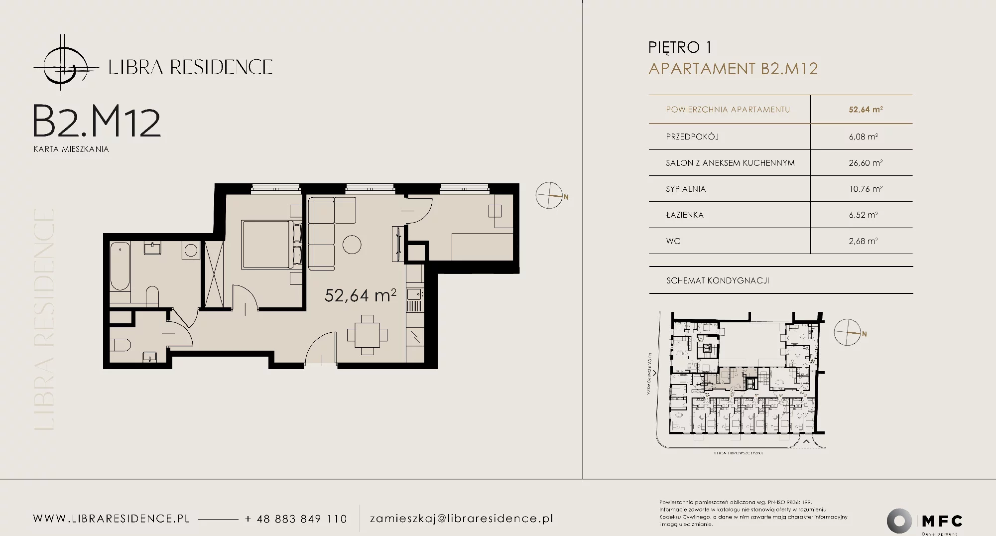 Apartament 52,64 m², piętro 1, oferta nr B2.M12, Libra Residence, Kraków, Stare Miasto, ul. Librowszczyzna 3 / Bonerowska 1