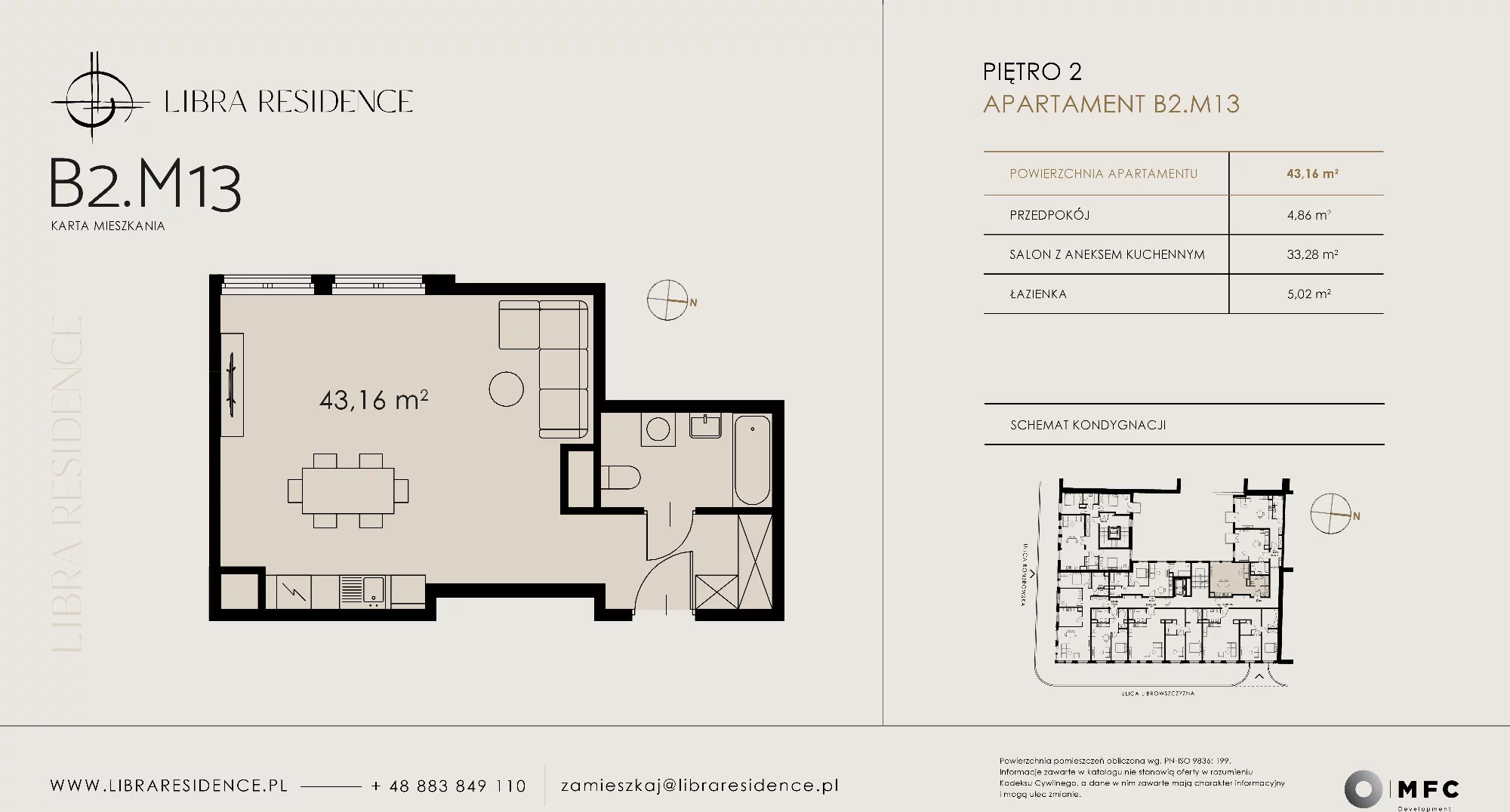 Apartament 43,16 m², piętro 2, oferta nr B2.M13, Libra Residence, Kraków, Stare Miasto, ul. Librowszczyzna 3 / Bonerowska 1