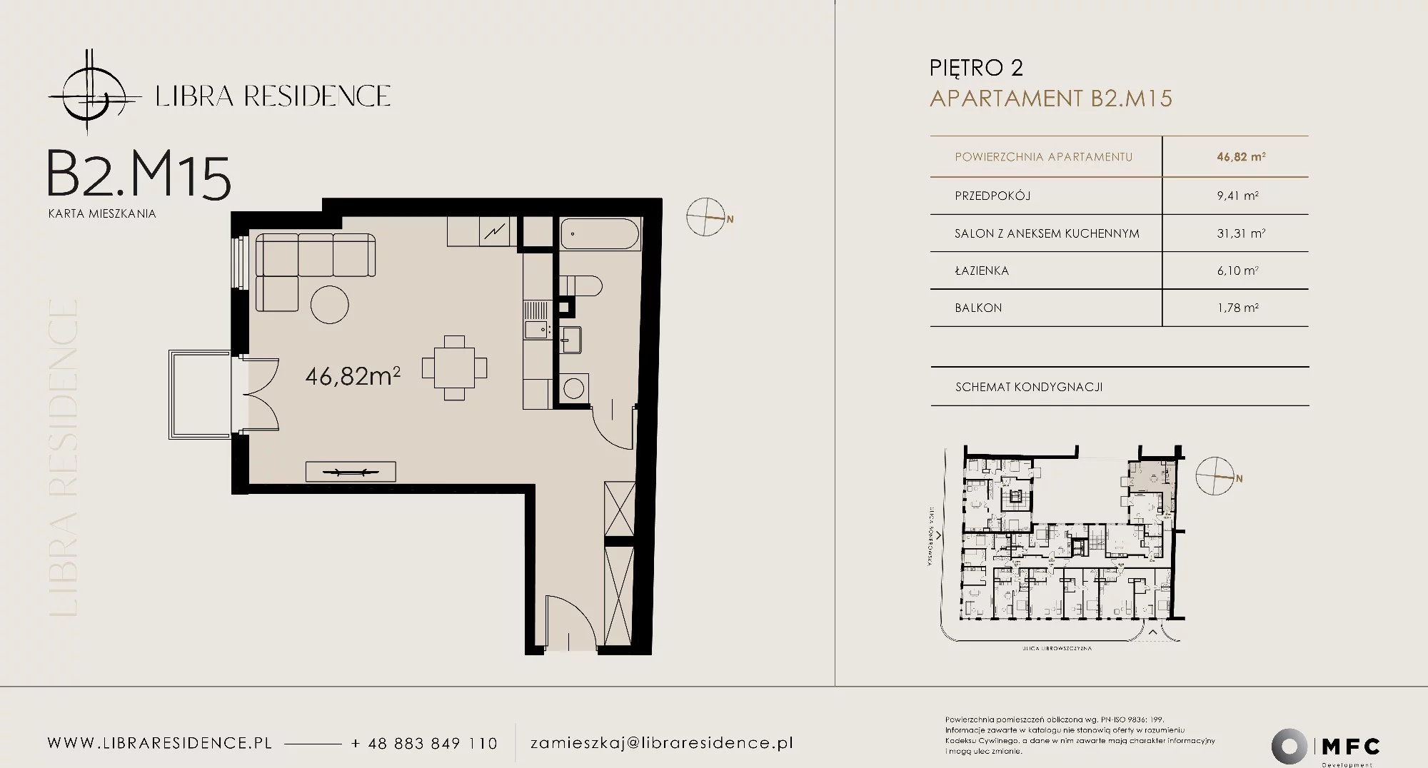 Apartament 46,82 m², piętro 2, oferta nr B2.M15, Libra Residence, Kraków, Stare Miasto, ul. Librowszczyzna 3 / Bonerowska 1