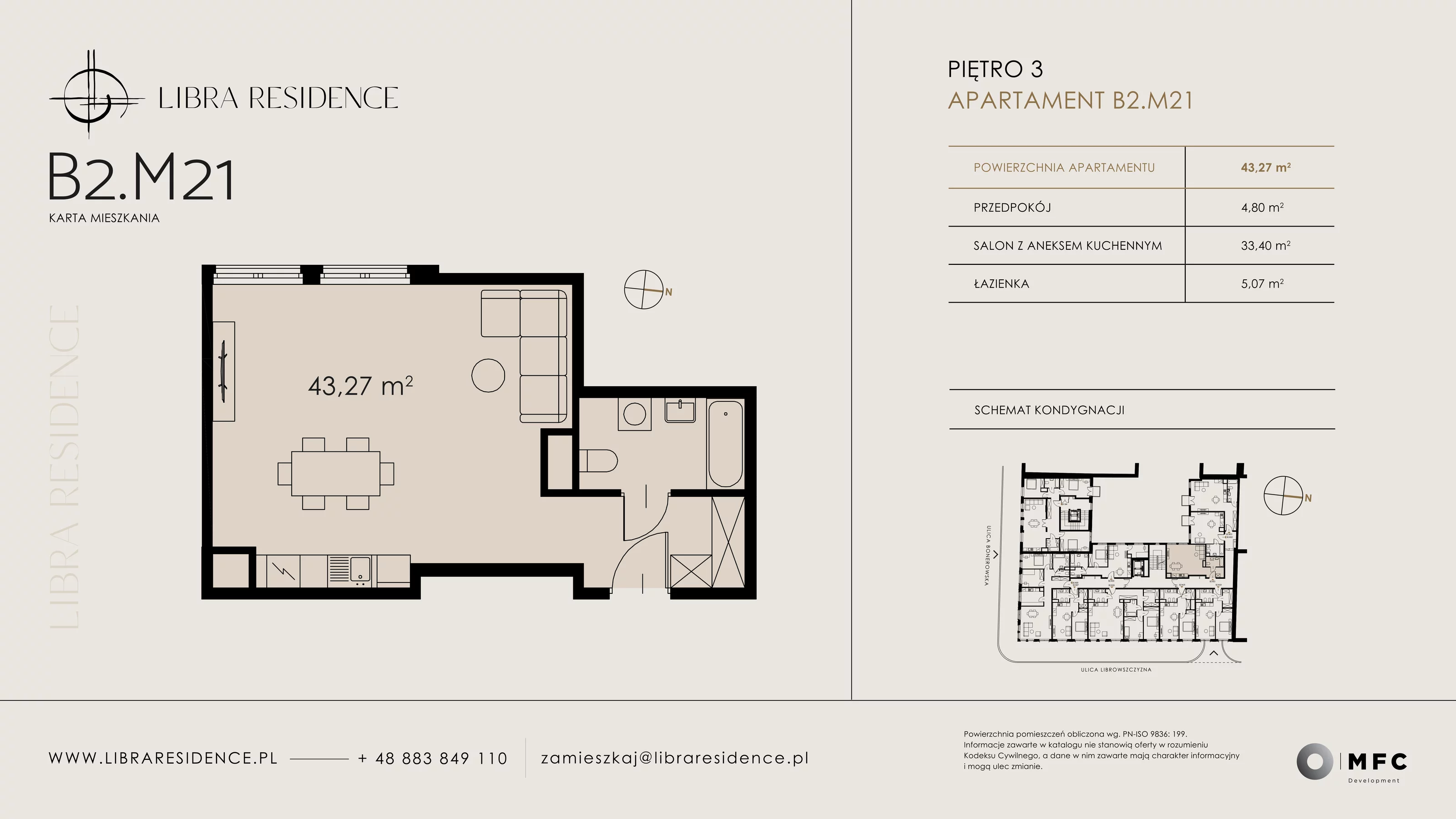 Apartament 43,27 m², piętro 3, oferta nr B2.M21, Libra Residence, Kraków, Stare Miasto, ul. Librowszczyzna 3 / Bonerowska 1