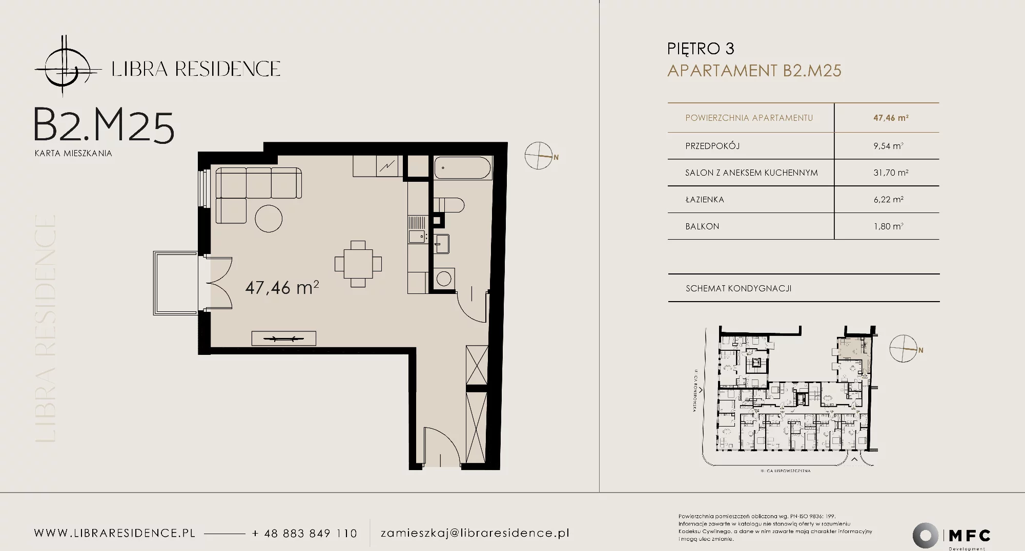 Apartament 47,21 m², piętro 3, oferta nr B2.M25, Libra Residence, Kraków, Stare Miasto, ul. Librowszczyzna 3 / Bonerowska 1