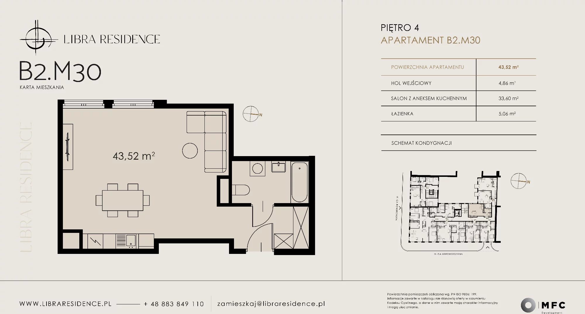 Apartament 43,52 m², piętro 4, oferta nr B2.M30, Libra Residence, Kraków, Stare Miasto, ul. Librowszczyzna 3 / Bonerowska 1