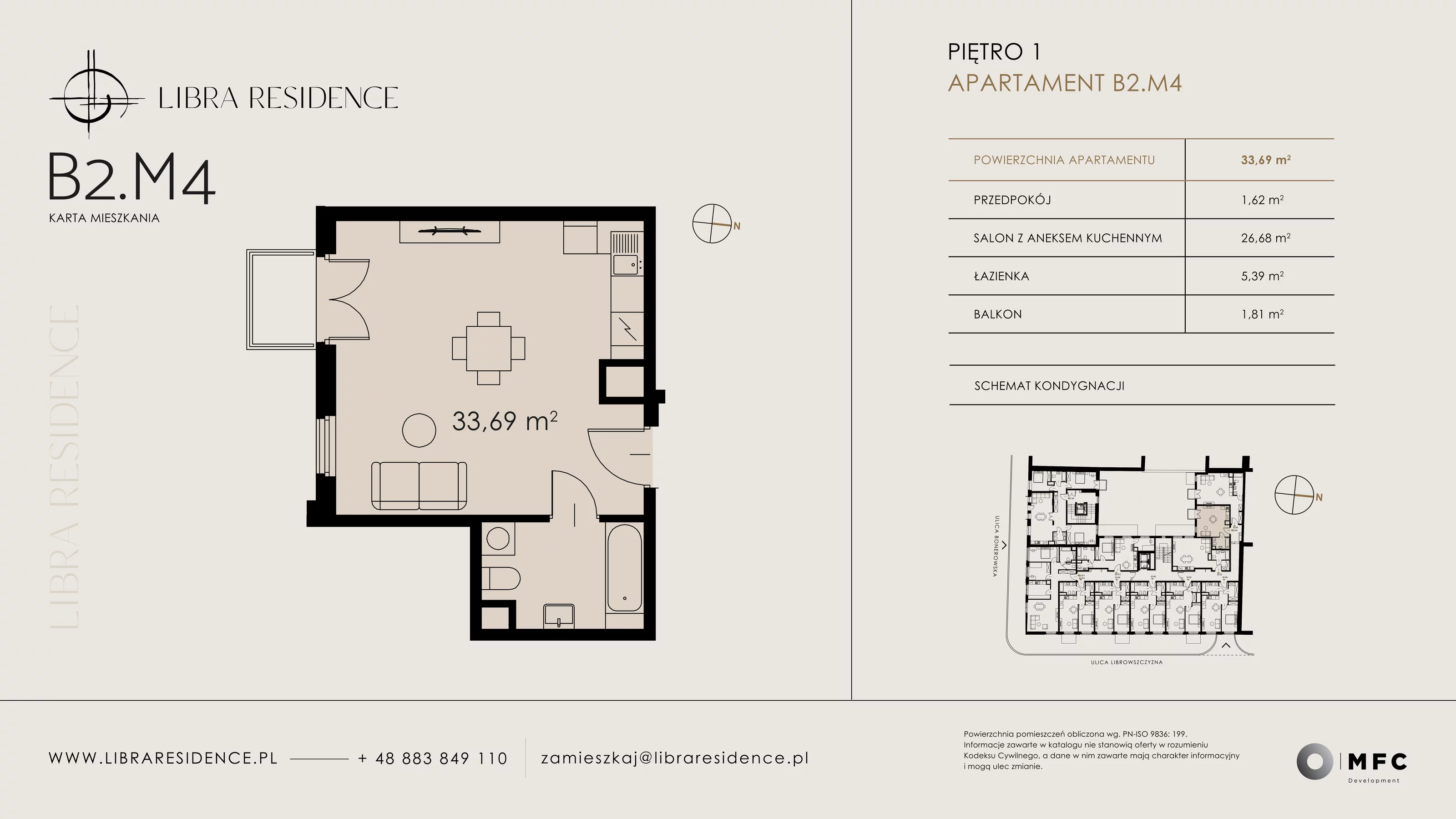 Apartament 33,69 m², piętro 1, oferta nr B2.M4, Libra Residence, Kraków, Stare Miasto, ul. Librowszczyzna 3 / Bonerowska 1