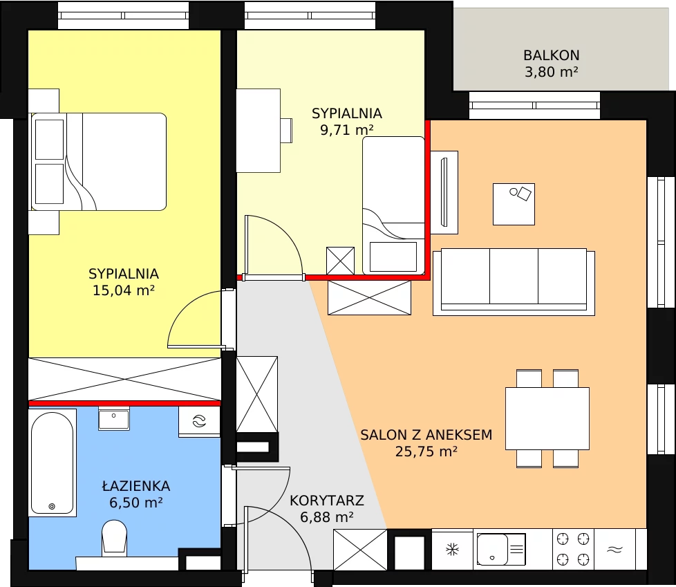 3 pokoje, mieszkanie 62,88 m², piętro 2, oferta nr B24, Strzelców 28, Kraków, Prądnik Czerwony, ul. Strzelców 28