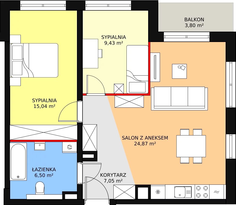 3 pokoje, mieszkanie 62,89 m², piętro 4, oferta nr B42, Strzelców 28, Kraków, Prądnik Czerwony, ul. Strzelców 28