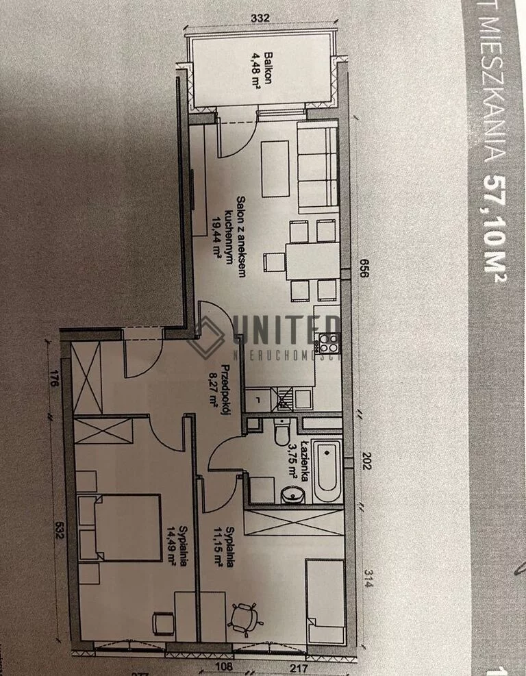 3 pokoje, mieszkanie 57,10 m², piętro 1, oferta nr , 17646/10630/OMS, Wrocław, Muchobór Wielki, Graniczna