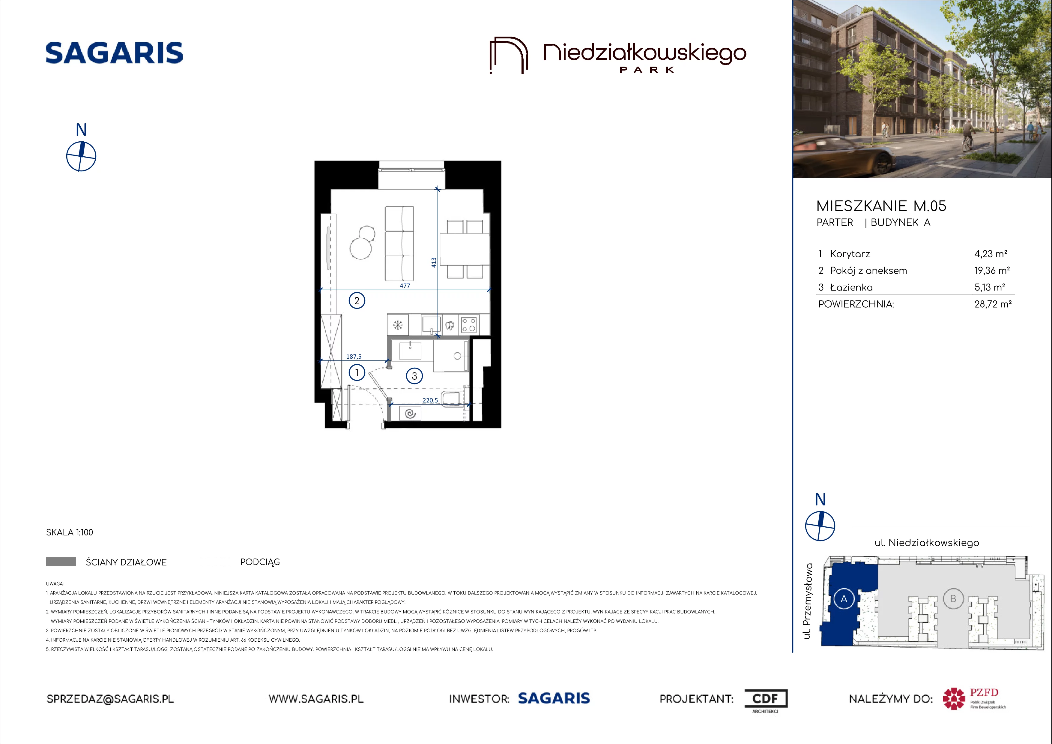 1 pokój, mieszkanie 28,72 m², parter, oferta nr M.05, Niedziałkowskiego Park, Poznań, Wilda, ul. Niedziałkowskiego Park
