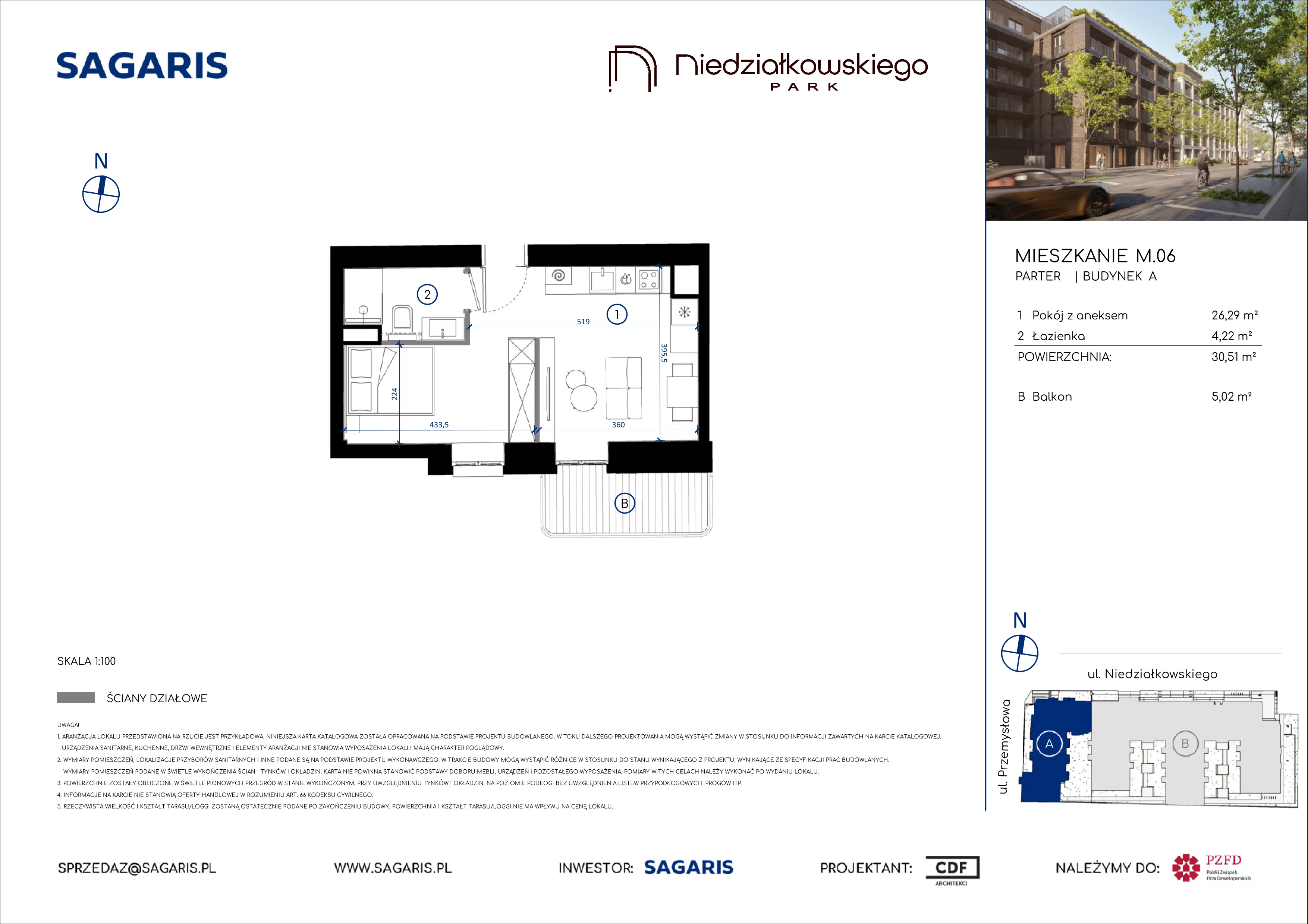 1 pokój, mieszkanie 30,51 m², parter, oferta nr M.06, Niedziałkowskiego Park, Poznań, Wilda, ul. Niedziałkowskiego Park