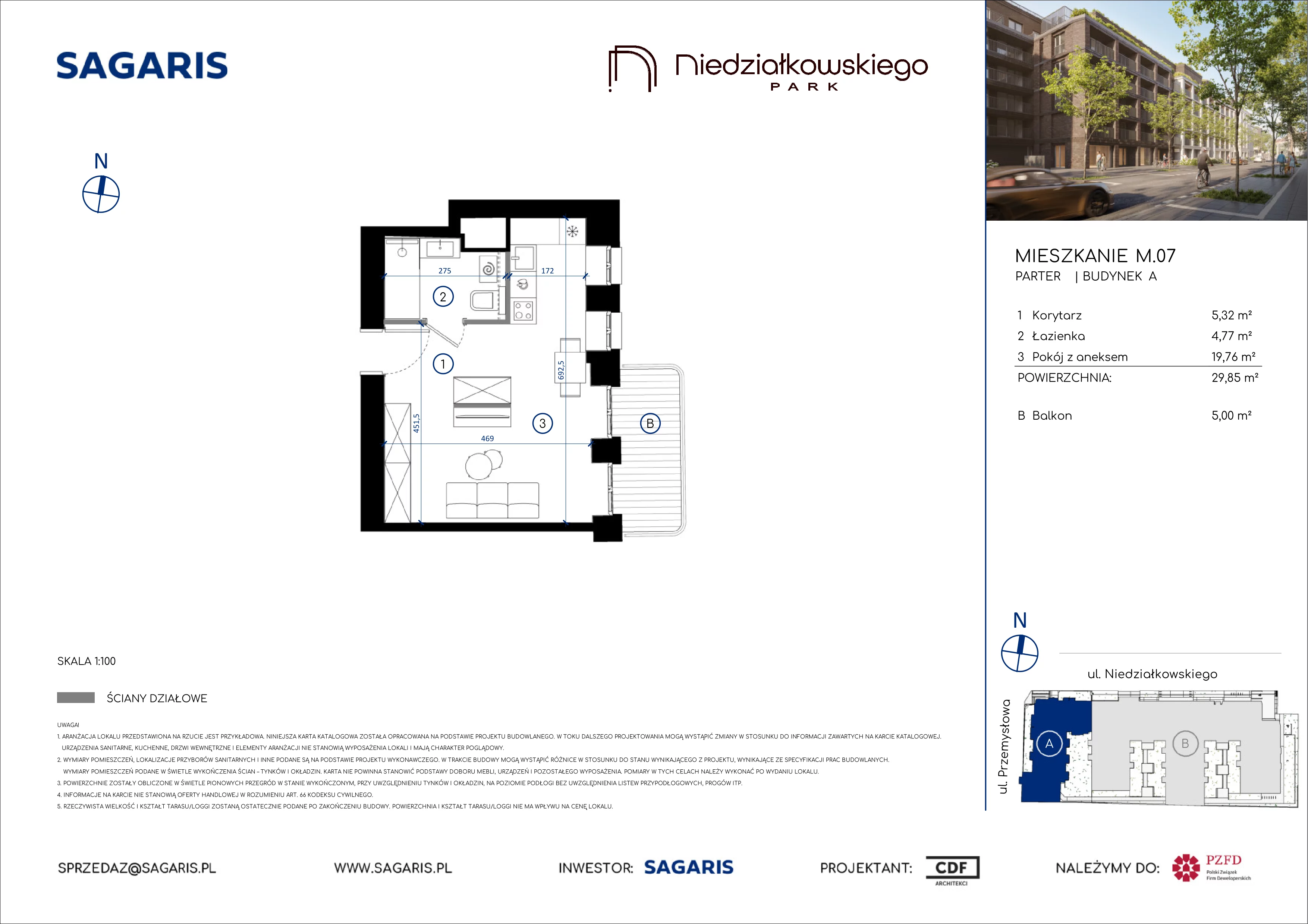 1 pokój, mieszkanie 29,85 m², parter, oferta nr M.07, Niedziałkowskiego Park, Poznań, Wilda, ul. Niedziałkowskiego Park