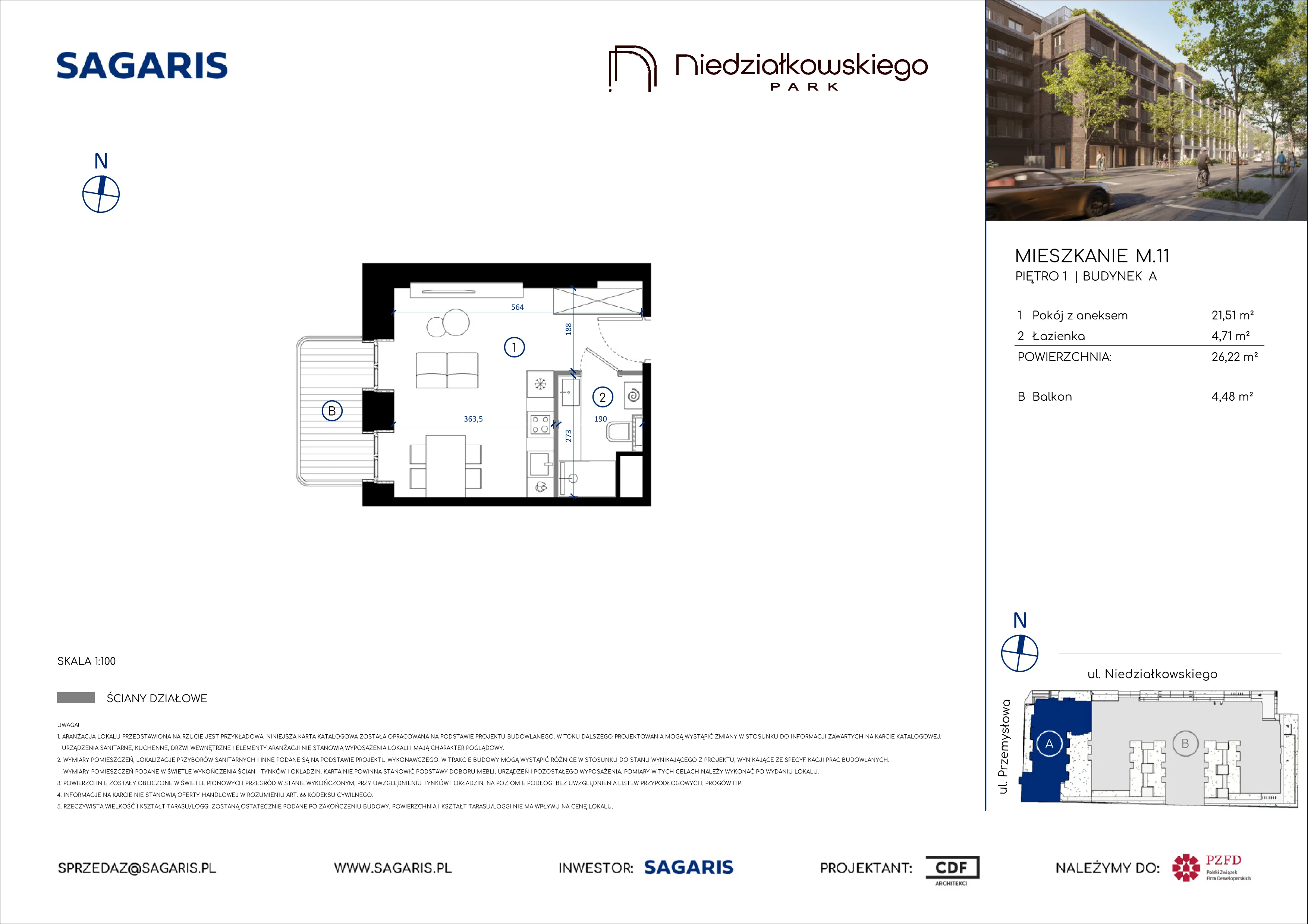 1 pokój, mieszkanie 26,22 m², piętro 1, oferta nr M.11, Niedziałkowskiego Park, Poznań, Wilda, ul. Niedziałkowskiego Park