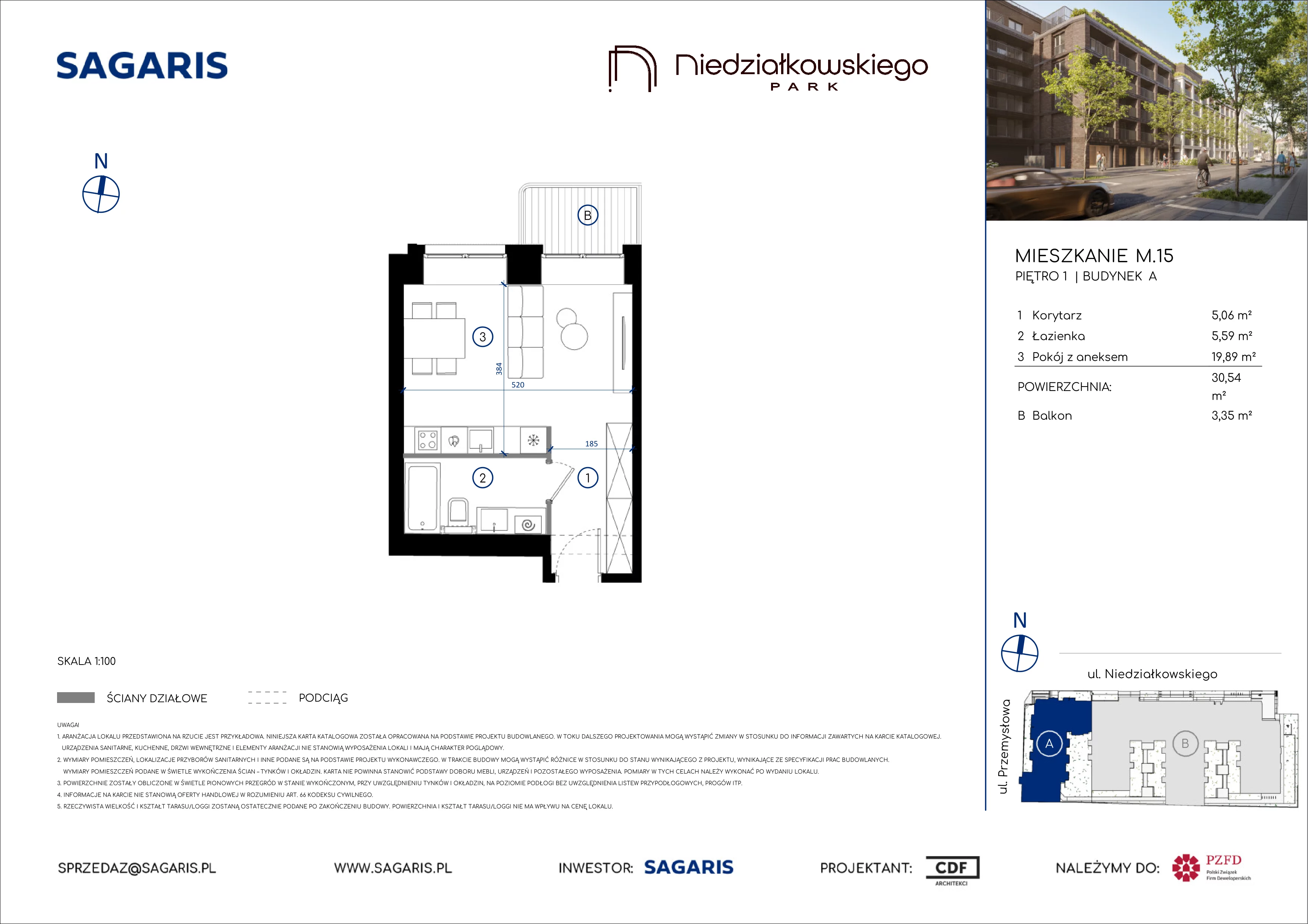 1 pokój, mieszkanie 30,54 m², piętro 1, oferta nr M.15, Niedziałkowskiego Park, Poznań, Wilda, ul. Niedziałkowskiego Park