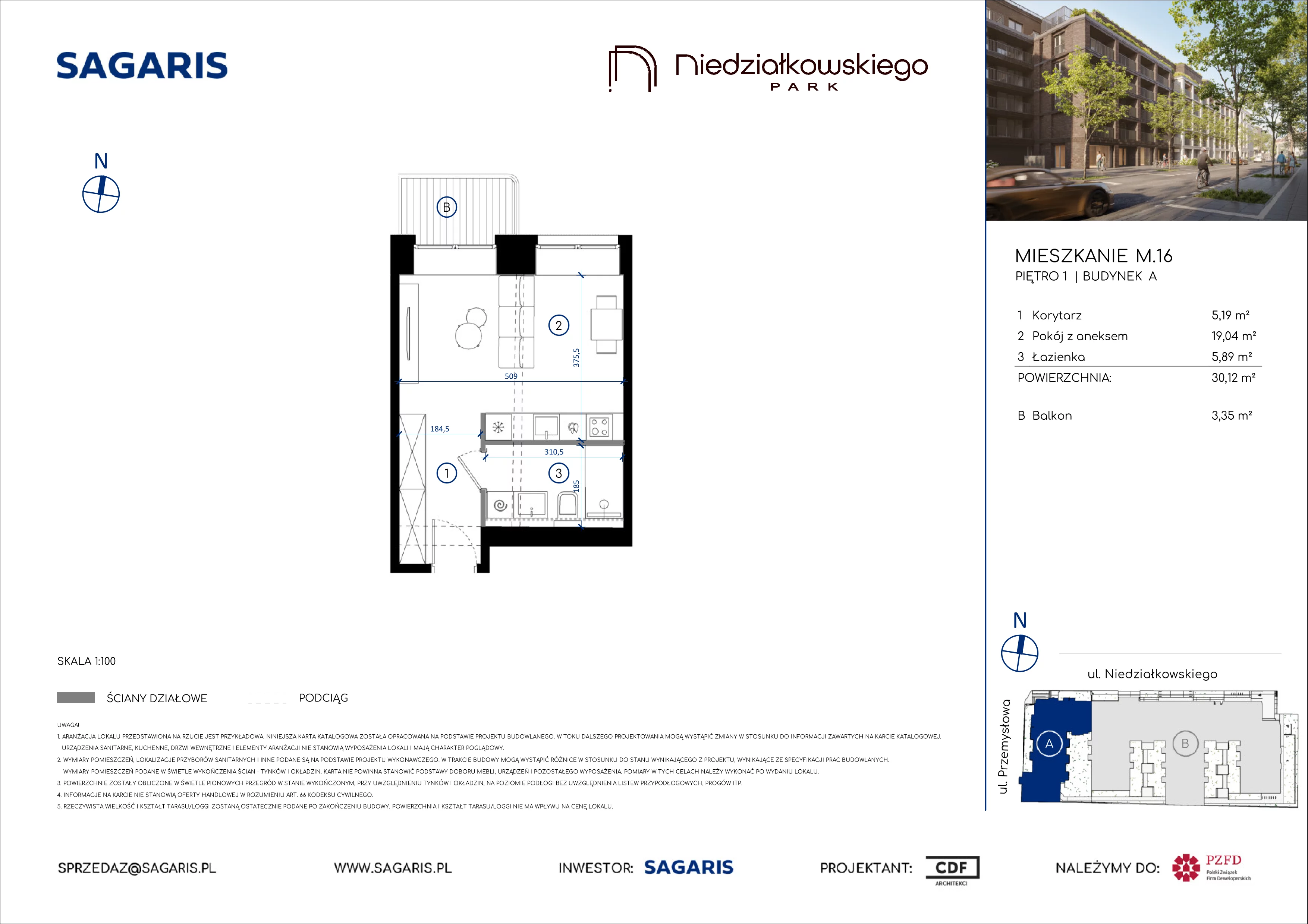 1 pokój, mieszkanie 30,12 m², piętro 1, oferta nr M.16, Niedziałkowskiego Park, Poznań, Wilda, ul. Niedziałkowskiego Park
