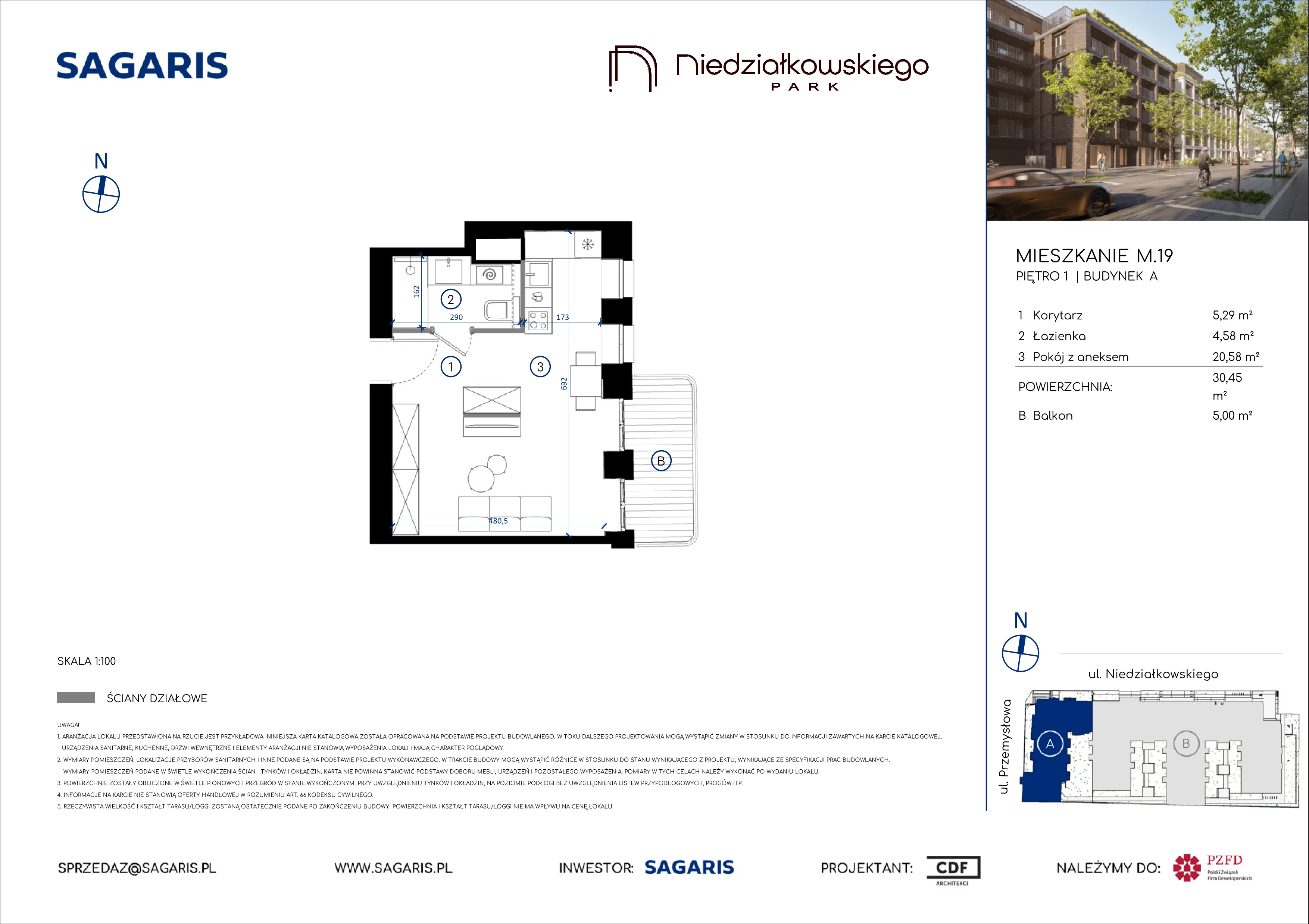 1 pokój, mieszkanie 30,45 m², piętro 1, oferta nr M.19, Niedziałkowskiego Park, Poznań, Wilda, ul. Niedziałkowskiego Park