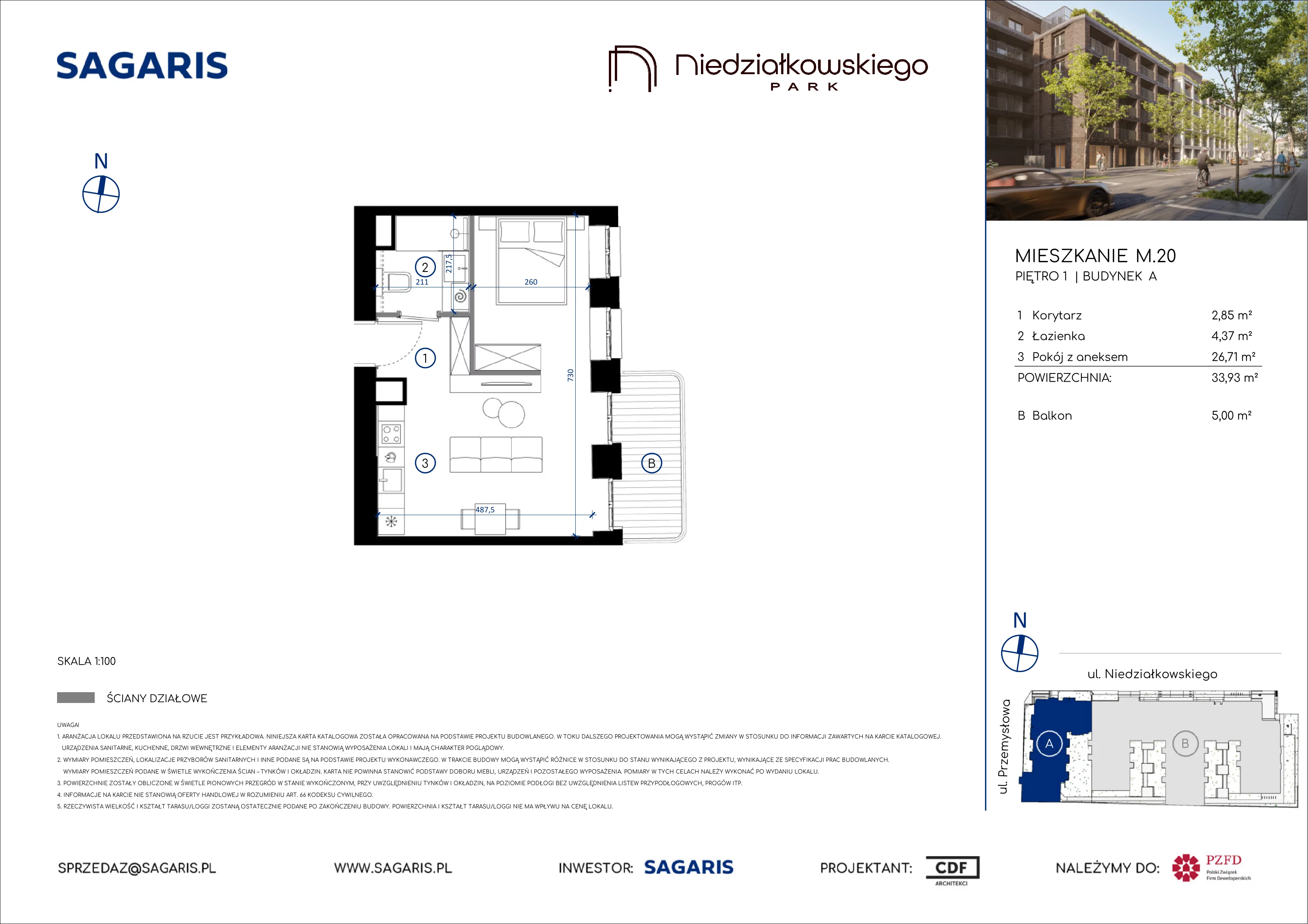 1 pokój, mieszkanie 33,93 m², piętro 1, oferta nr M.20, Niedziałkowskiego Park, Poznań, Wilda, ul. Niedziałkowskiego Park