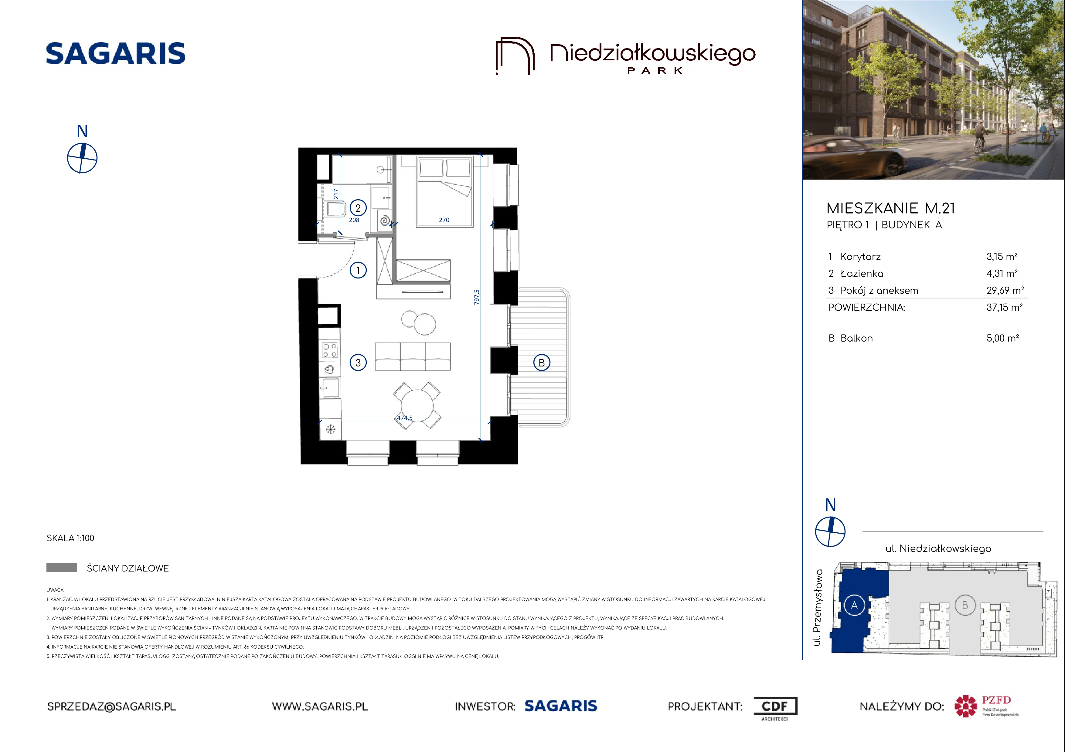 1 pokój, mieszkanie 37,15 m², piętro 1, oferta nr M.21, Niedziałkowskiego Park, Poznań, Wilda, ul. Niedziałkowskiego Park