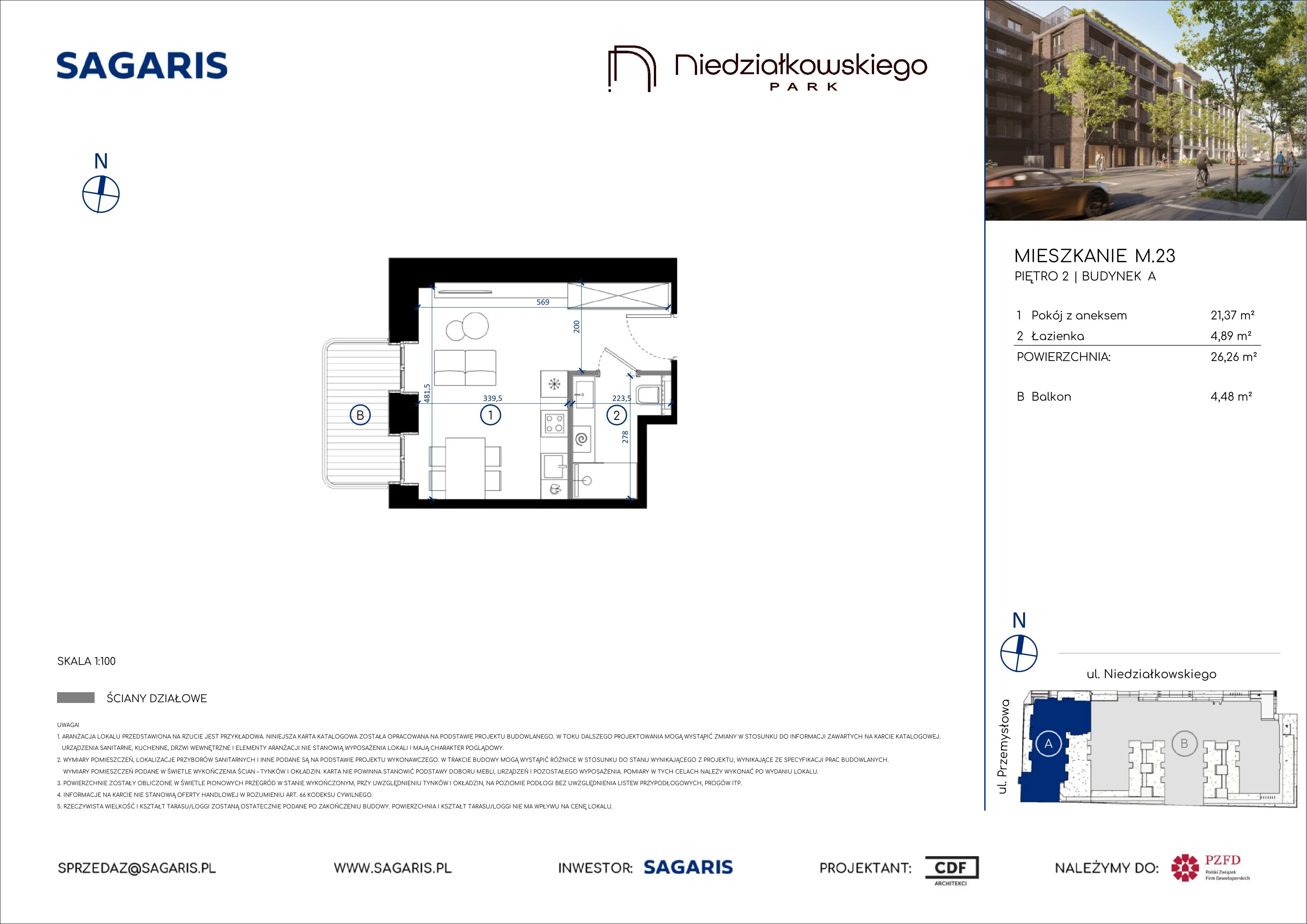 1 pokój, mieszkanie 26,26 m², piętro 2, oferta nr M.23, Niedziałkowskiego Park, Poznań, Wilda, ul. Niedziałkowskiego Park