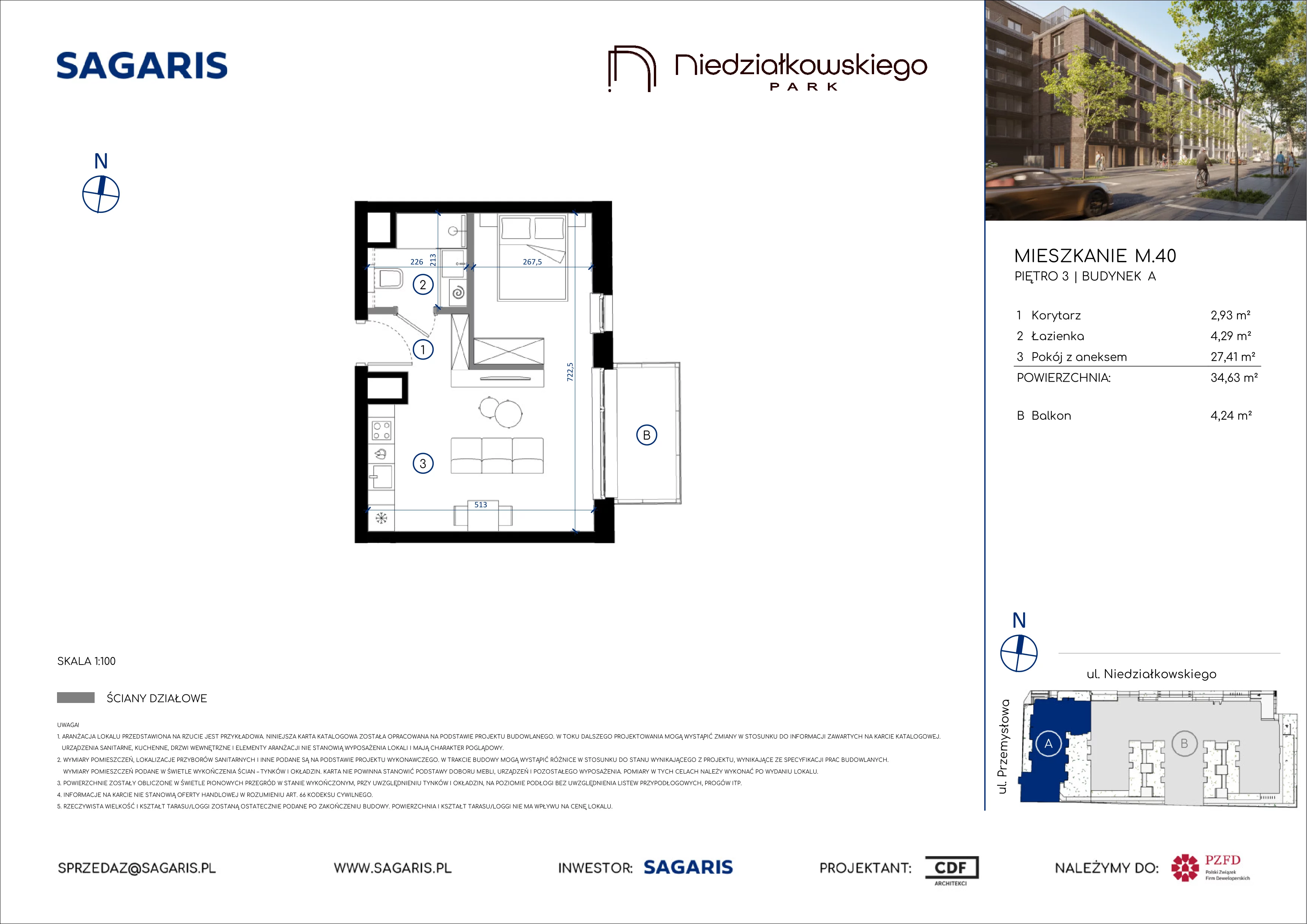 1 pokój, mieszkanie 34,63 m², piętro 3, oferta nr M.40, Niedziałkowskiego Park, Poznań, Wilda, ul. Niedziałkowskiego Park