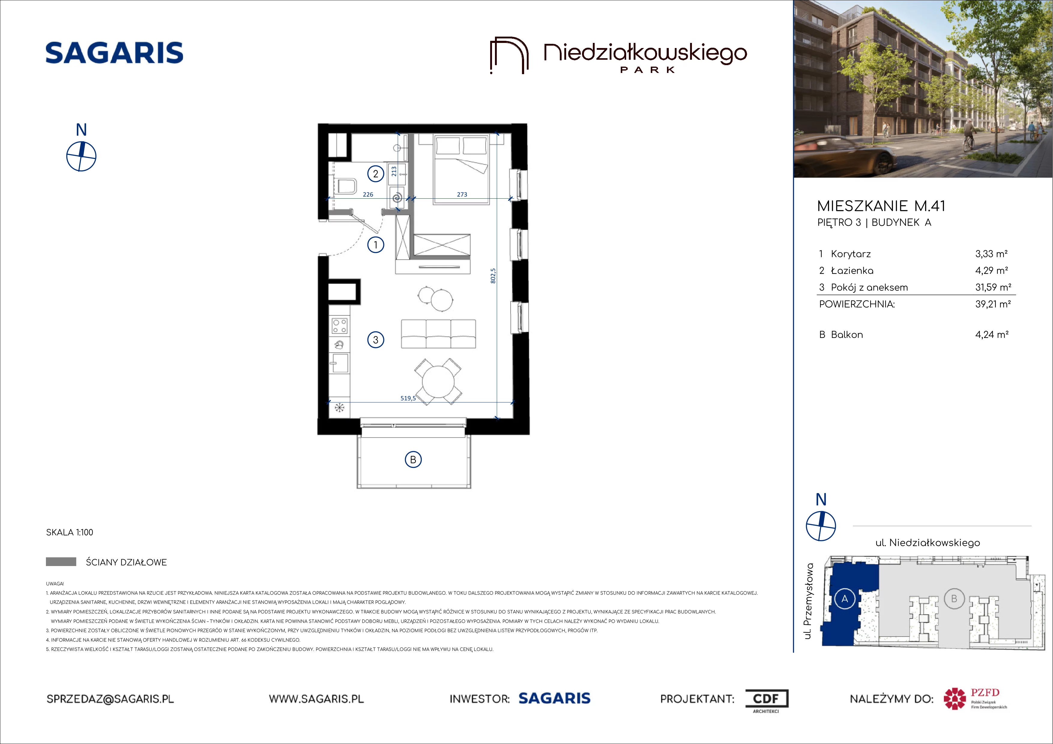 1 pokój, mieszkanie 39,21 m², piętro 3, oferta nr M.41, Niedziałkowskiego Park, Poznań, Wilda, ul. Niedziałkowskiego Park