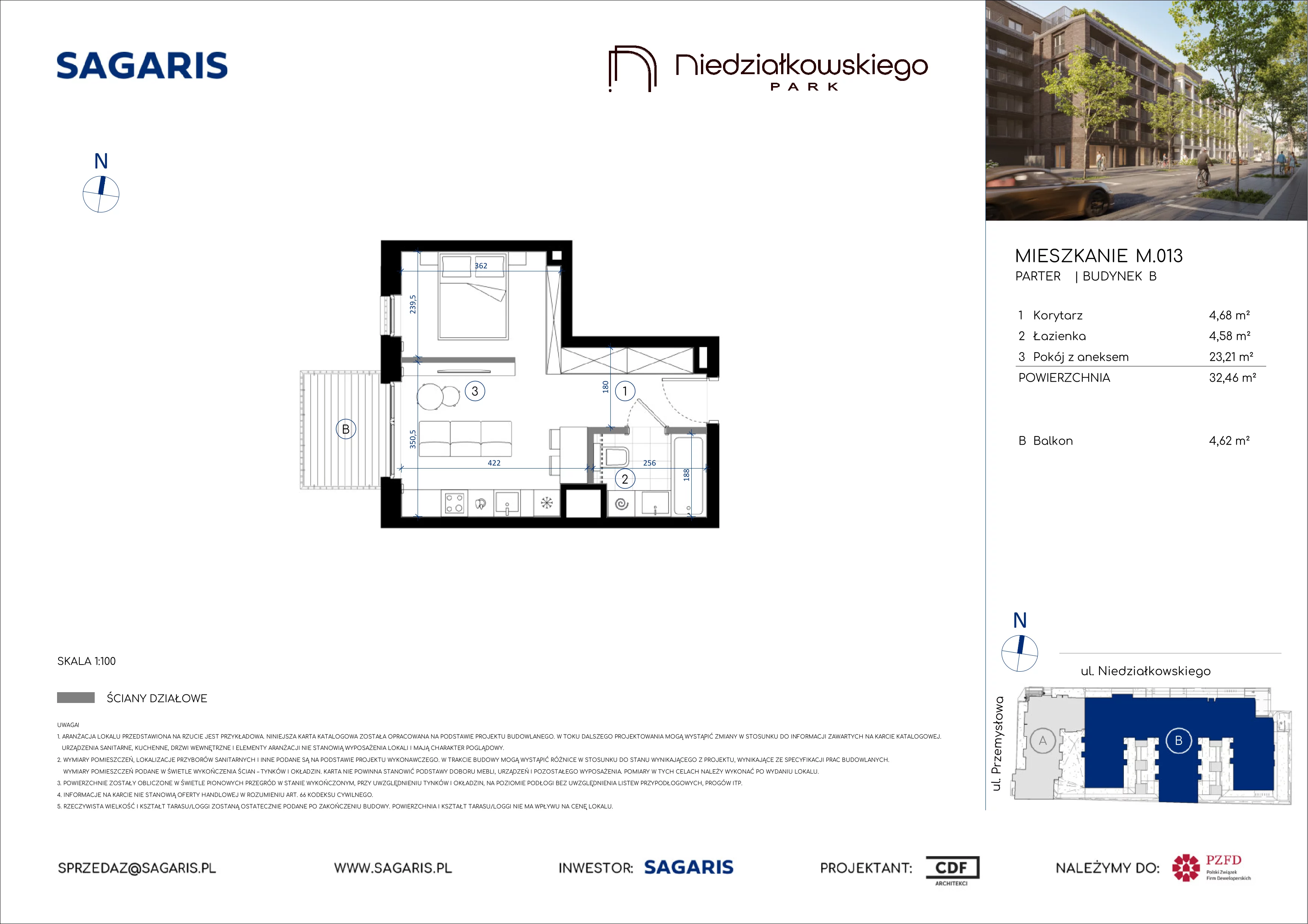 1 pokój, mieszkanie 32,46 m², parter, oferta nr M.013, Niedziałkowskiego Park, Poznań, Wilda, ul. Niedziałkowskiego Park