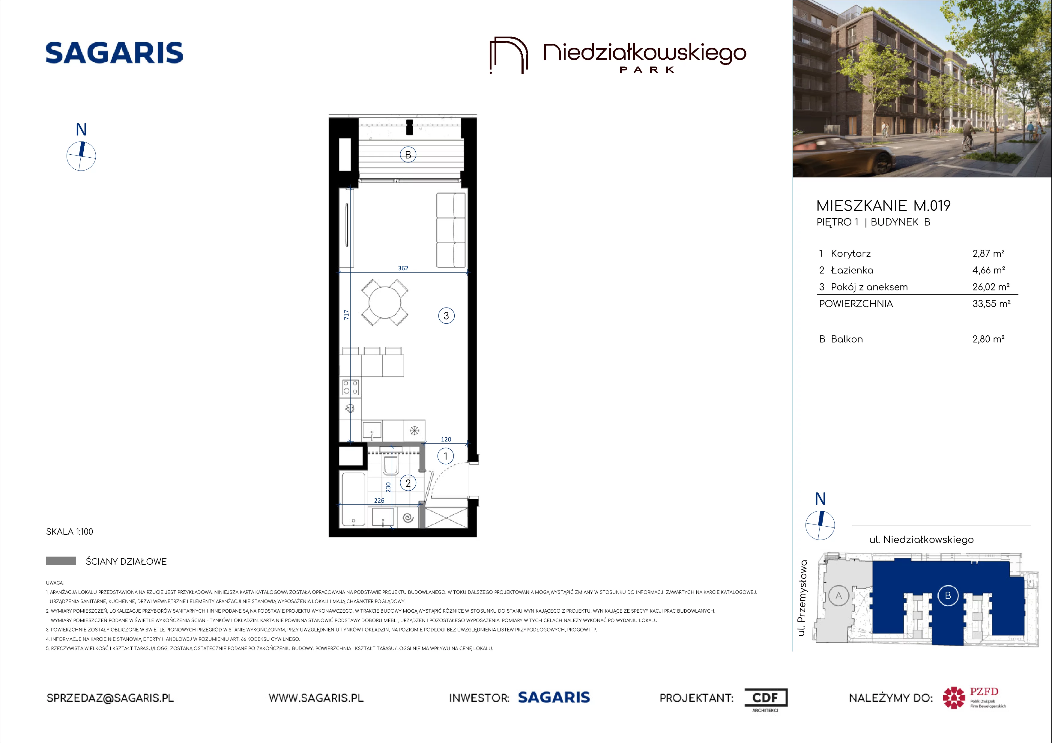 1 pokój, mieszkanie 33,55 m², piętro 1, oferta nr M.019, Niedziałkowskiego Park, Poznań, Wilda, ul. Niedziałkowskiego Park