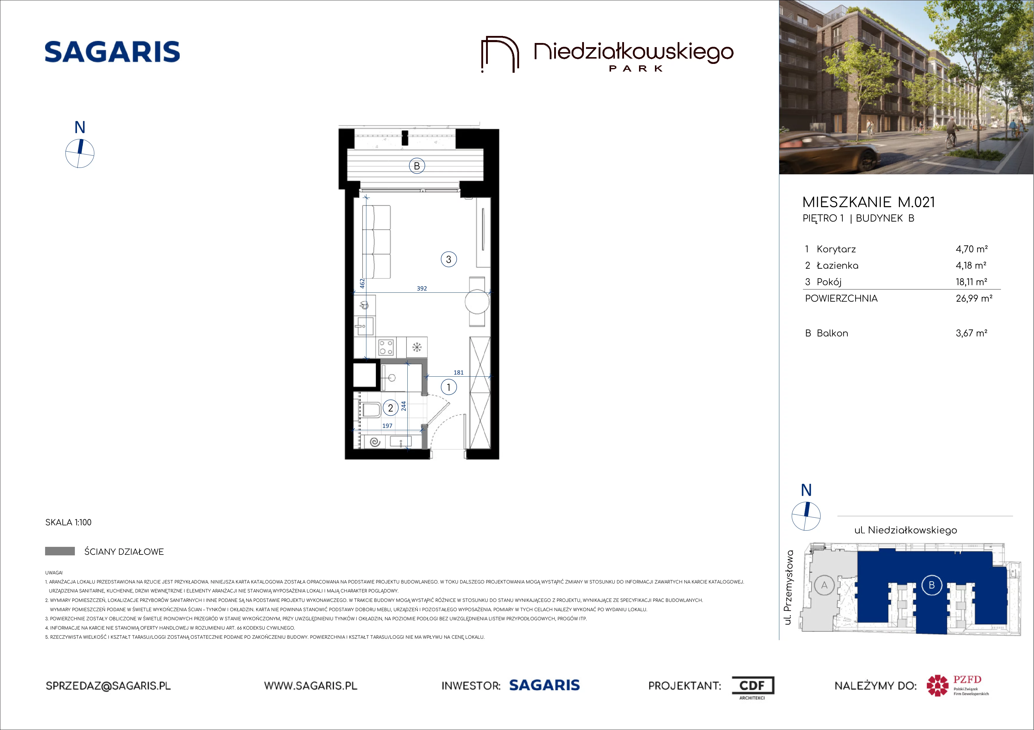 1 pokój, mieszkanie 26,99 m², piętro 1, oferta nr M.021, Niedziałkowskiego Park, Poznań, Wilda, ul. Niedziałkowskiego Park