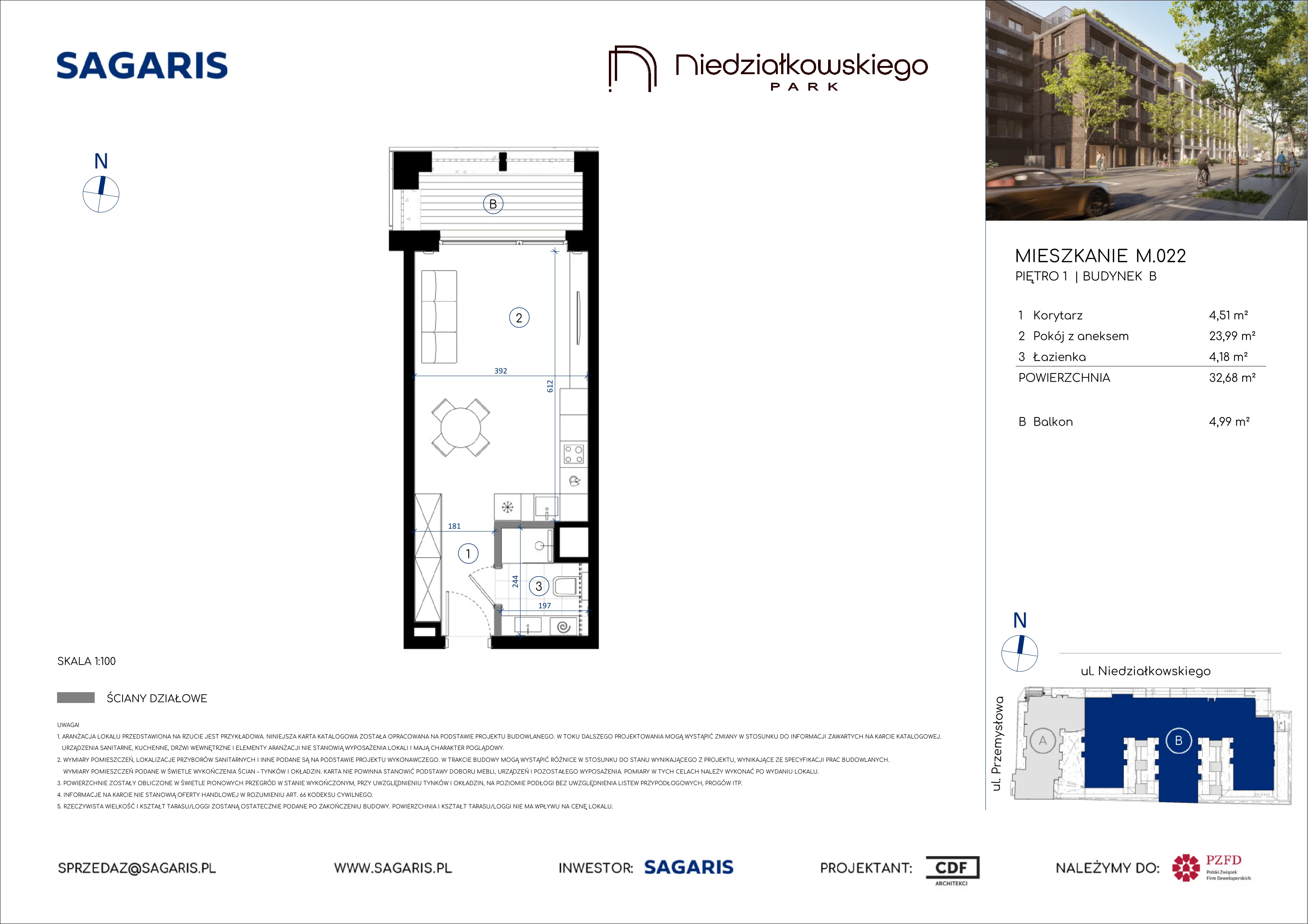 1 pokój, mieszkanie 32,68 m², piętro 1, oferta nr M.022, Niedziałkowskiego Park, Poznań, Wilda, ul. Niedziałkowskiego Park