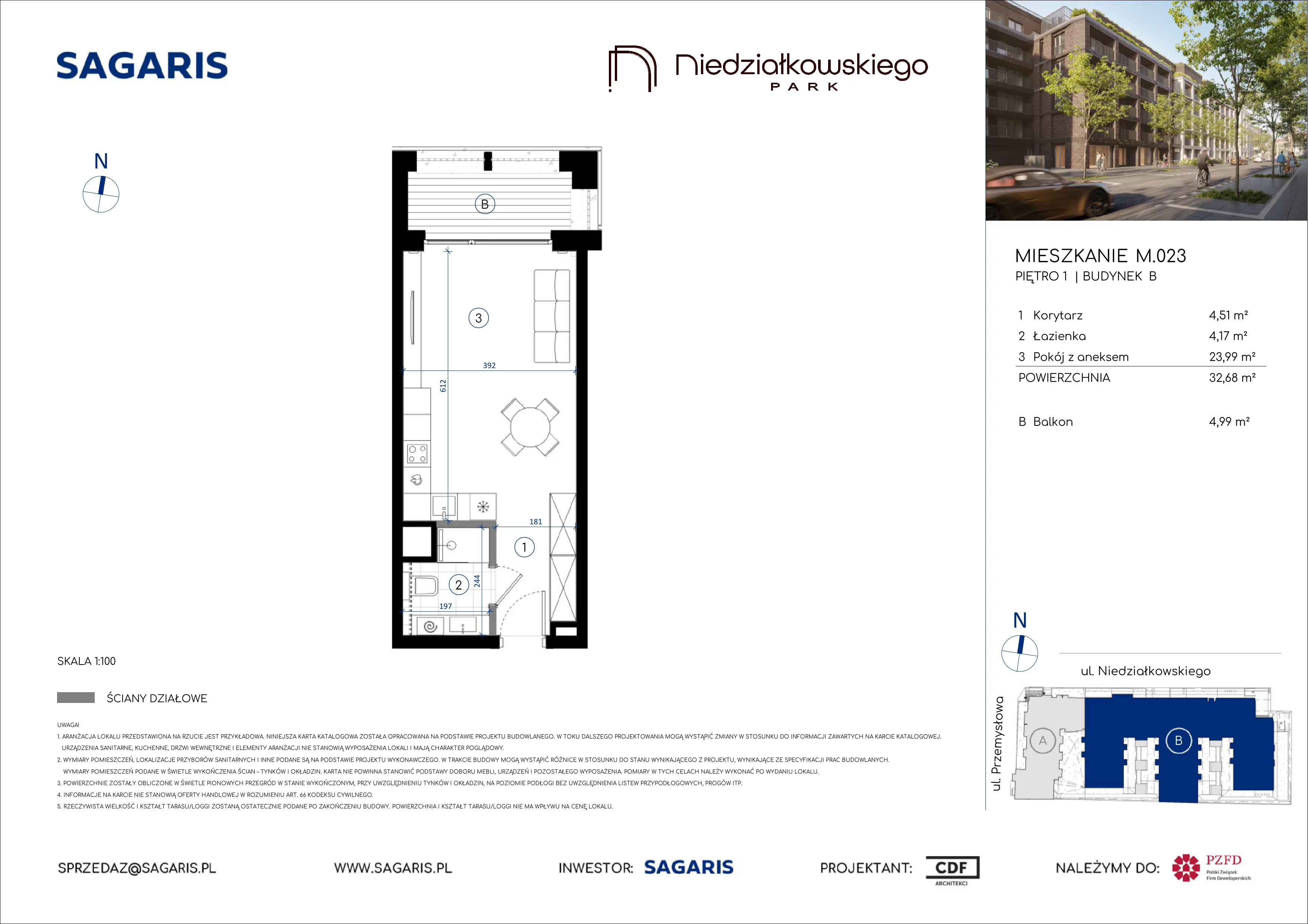 1 pokój, mieszkanie 32,68 m², piętro 1, oferta nr M.023, Niedziałkowskiego Park, Poznań, Wilda, ul. Niedziałkowskiego Park